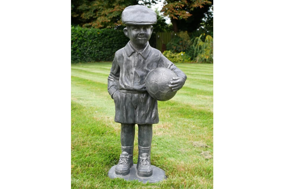 My Square Mile Vintage Garden Football Boy Statue, 77 cm, Grey Cast Effect, Outdoor Decorative Sculpture