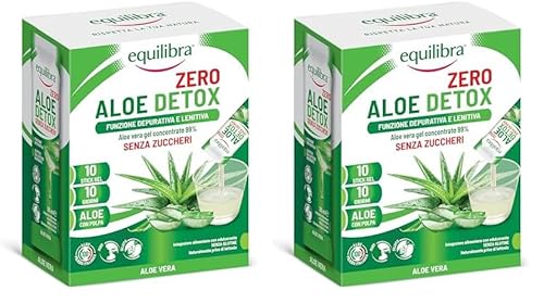 Equilibra Aloe Detox Zero, Aloe Vera Gel Concentrato 99%, 10 stick da 30 ml, Filiera 100% italiana, con Polpa, Senza zuccheri, Funzione Depurativa e Lenitiva, Da Bere Puro o Diluito in Acqua