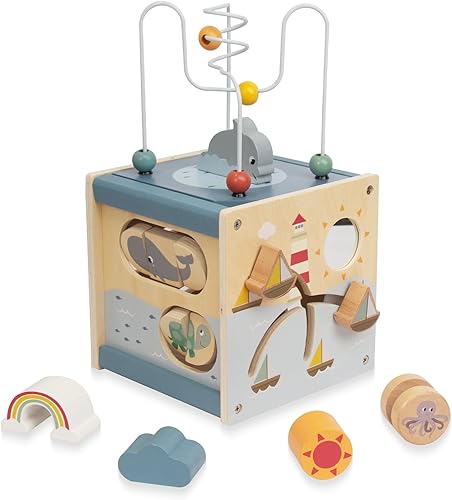 WOODENFUN Juguete de laberinto de cuentas de madera, cubo de actividades para bebés, juego de regalo de juguetes Montessori para niños y niñas