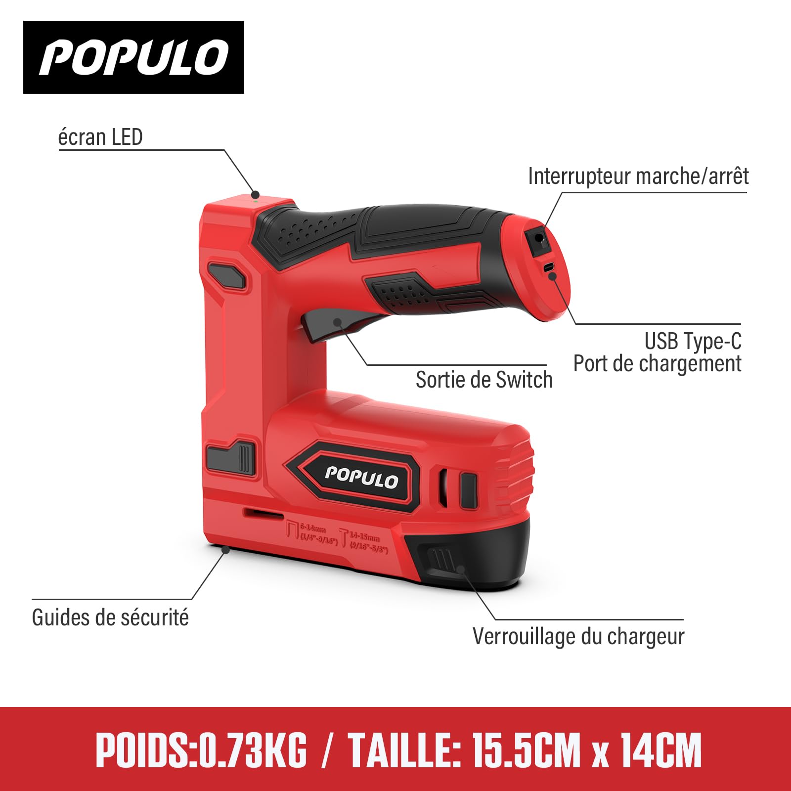 POPULO Agrafeuse électrique 2-en-1 sans fil 4 V lithium-ion avec charge USB-C – inclut arrache-clou, agrafes et clous pour tapisserie, réparation de meubles, moquette et bricolage maison