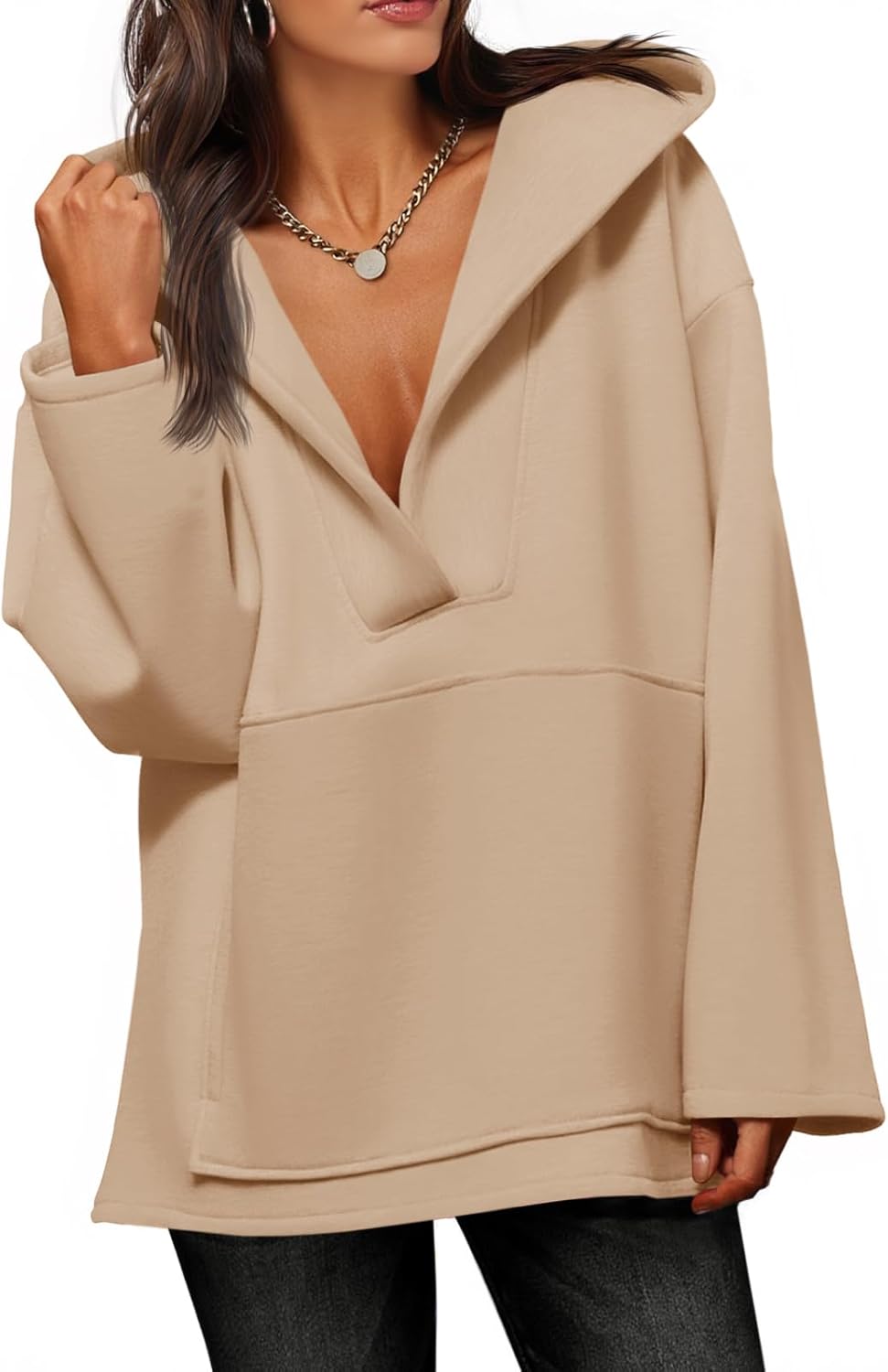 Fisoew Women's Hoodies Oversized Sweatshirts Casual Fleece V Neck Long Sleeve Hooded Loose Fall Winter Pullover Tops