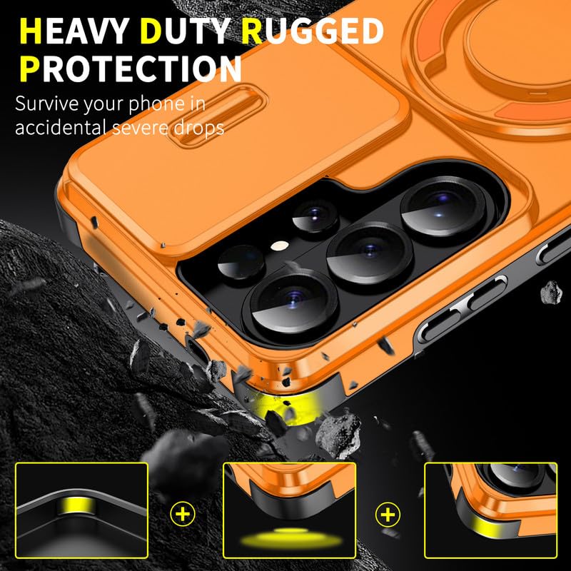 Image of LuxuryKase Shockproof Rugged Case for Samsung Galaxy S26 Ultra | Slide Camera Cover | 360 Rotating Ring Kickstand | Military-Grade Protection - Sunset Orange