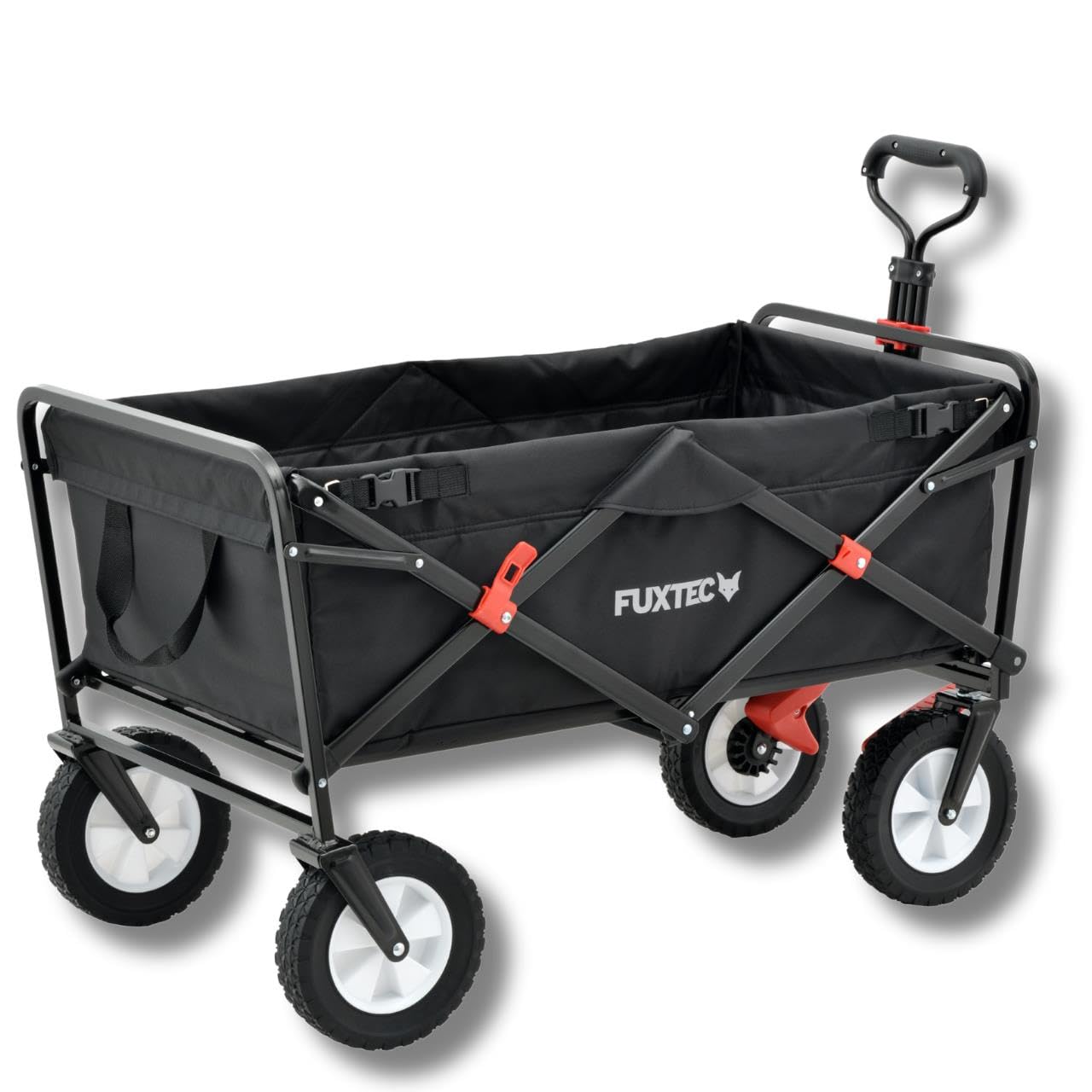 FUXTEC Bollerwagen FX-CT100 schwarz, Faltbarer Transportwagen, bis 75kg belastbar, inklusive Schiebestange, kompakt klappbar, robuster Stoff, ideal für Kinder, Ausflüge, Strand und Festivals