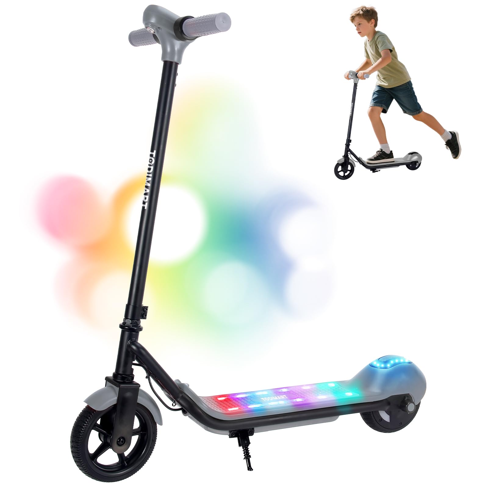 TODIMART Patinete Electrico para Niños, De 6 A 12 Años, 8 km de Autonomía, Música Bluetooth, Luces LED Colorida, Máximo 16 km/h, Carga 60 kg, Patinete Electrico Regalo para Jóvenes y Niños