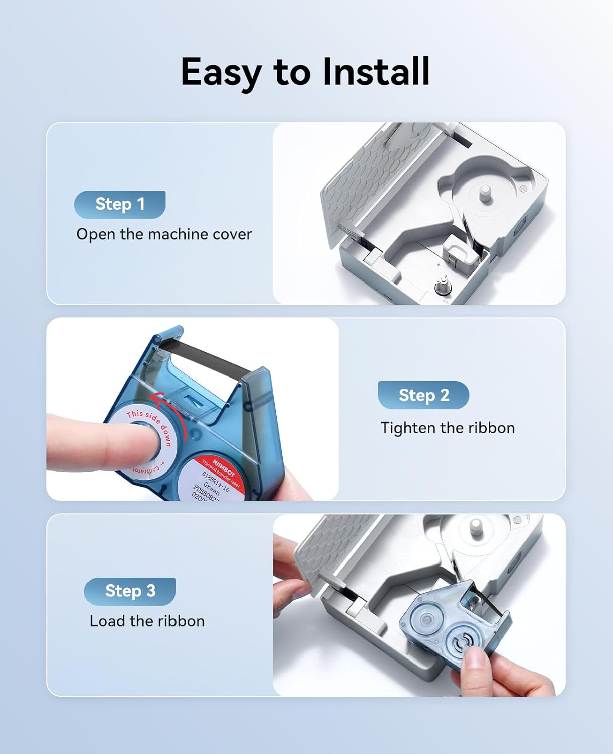 Three steps showing how to install the label ribbon into the NIIMBOT N1 label maker.