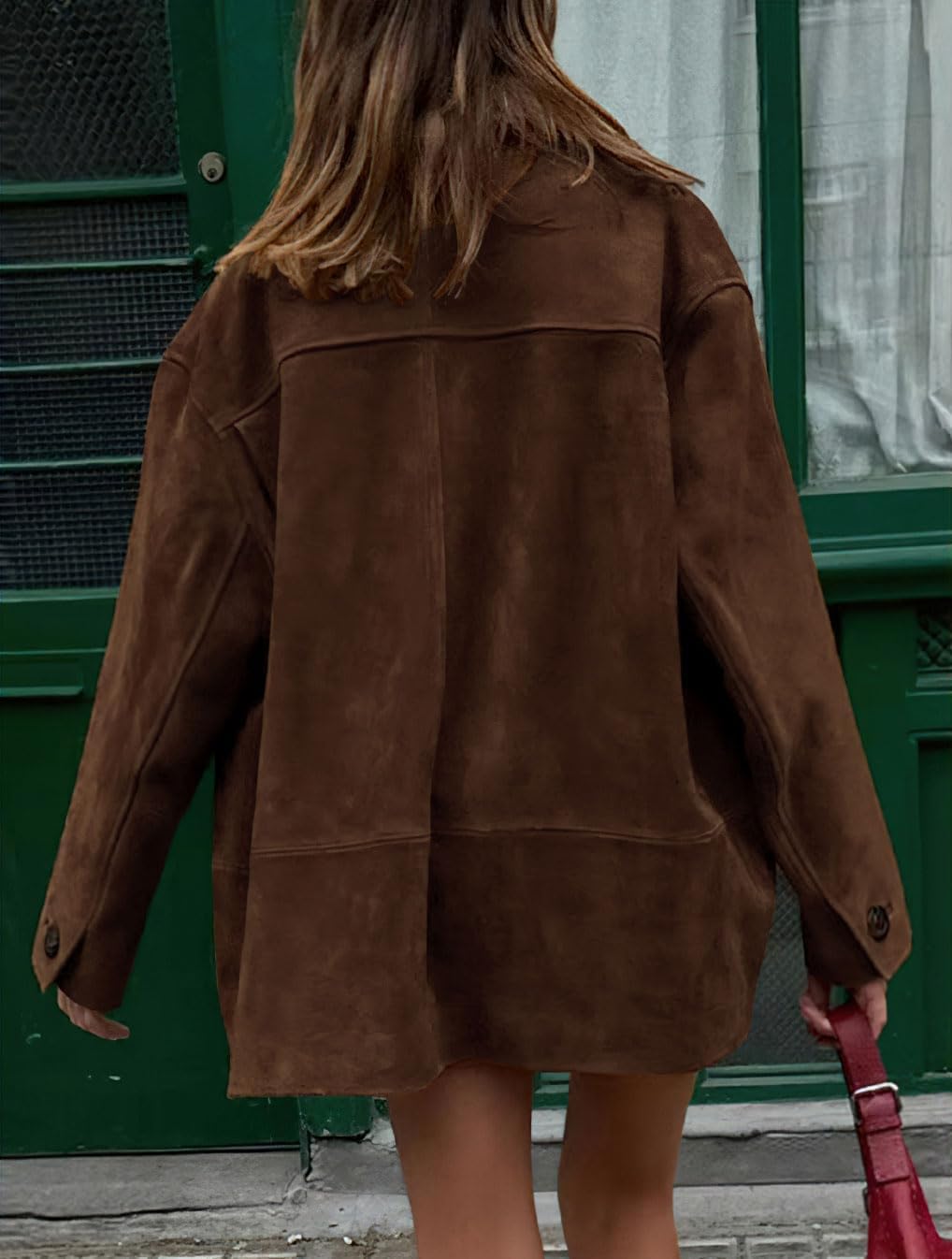 chouyatou Women's Fall Boyfriend Faux Suede Leather Jacket Casual Midi Long Button Down Shacket Coat - Image 2