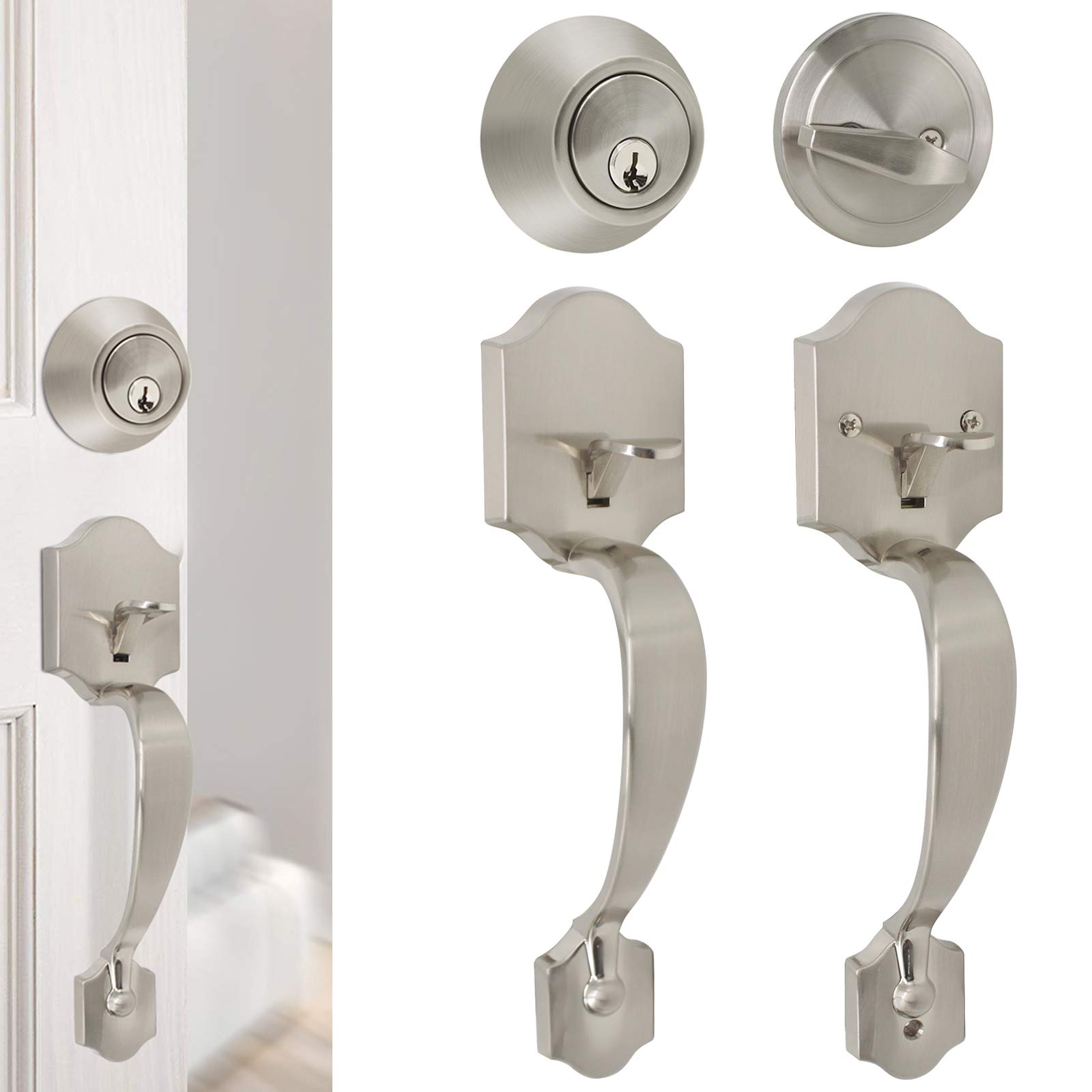 Single Cylinder HandleSet with Door Handle (for Entrance and Front Door) Reversible for Right and Left Handed and a Single Cylinder deadbolt Handle Set Satin Nickel Finish