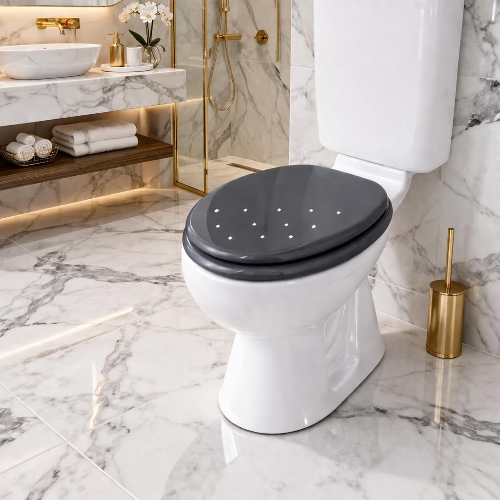 Wooden Toilet Seat with Unique Design 18 Inch MDF Wood Toilet Seat Replacement Bathroom WC Seat Easy to Clean Fixing Included. (Black-Diamante)
