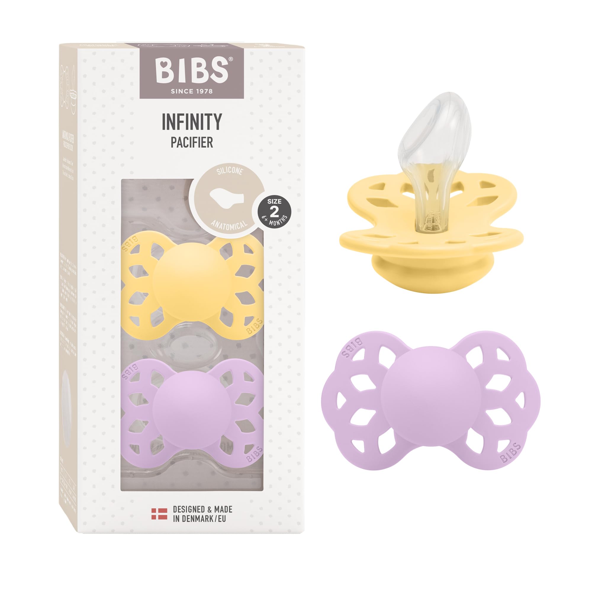BIBS Infinity Anatomical Schnuller 2er-Pack, BPA-frei, Kiefergerechte Form. Silikon, Hergestellt in Dänemark, Größe 2 (6-18 Monate), Pale Butter/Violet Sky