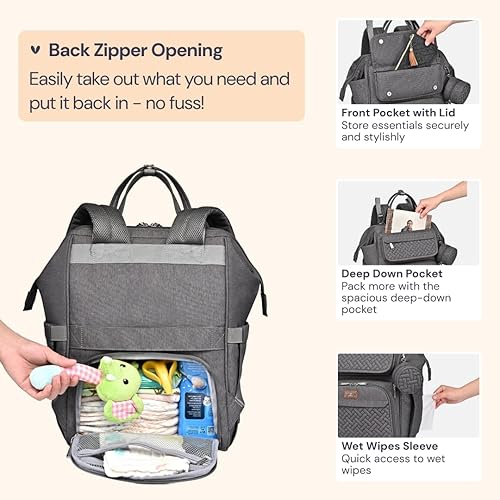 Miniatura 5 de BabbleRoo - Mochila para pañales de bebé, multifuncional, grande, con cambiador, correas para cochecito y funda para chupete, unisex, elegante,
