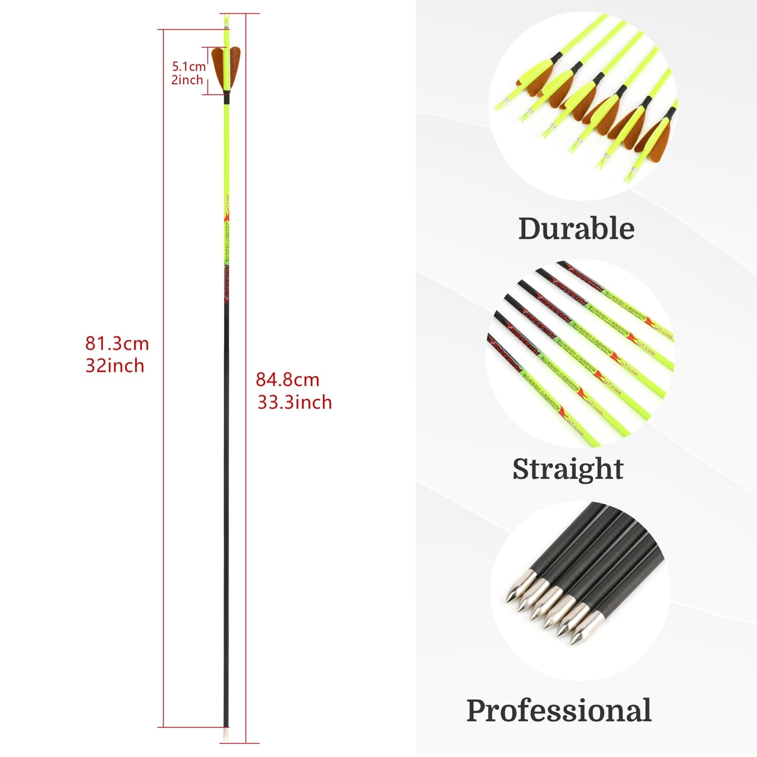 12pcs Frecce in Carbonio Puro Spine 500 ID 4.2mm – Punta da Pratica di Arco, Spalla 32" Compatibili con Arco Ricurvo Arco Tradizionale e Arco Componibile per Caccia e Tiro