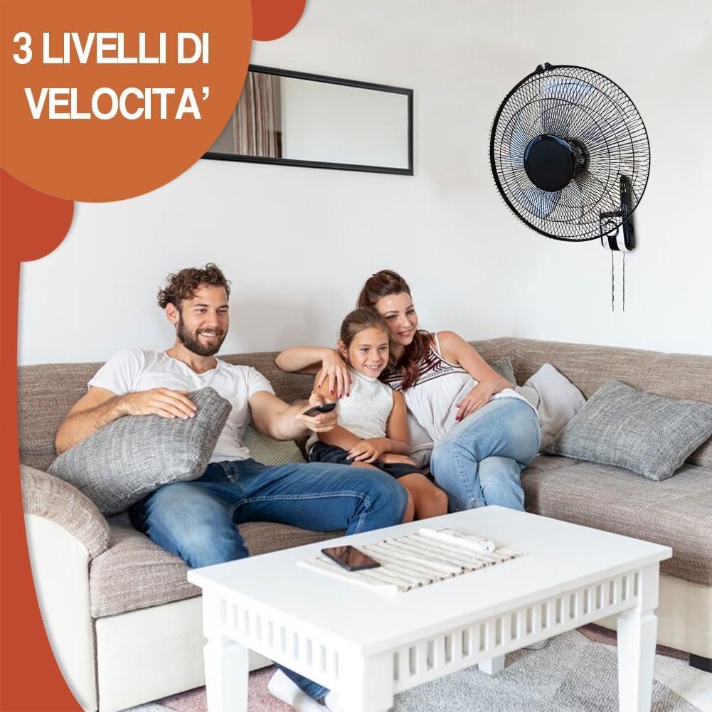 BAKAJI Ventilatore da Parete con Griglia da 43 cm e 3 Livelli di Velocità Selezionabili, Raffrescatore a Muro con 5 Pale in Polipropilene, 65 Watt di Potenza con Oscillazione Laterale Automatica
