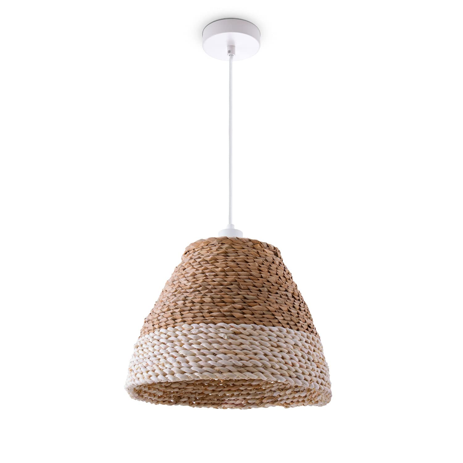 Paco Home Sospensione Tavolo Sala Da Pranzo Vimini 1,5m Cavo In Tessuto E27 Rustica Boho Sospensione, Colore:Beige (Ø25 cm), Tipo di lampada___Colore:Luce a sospensione - Bianca
