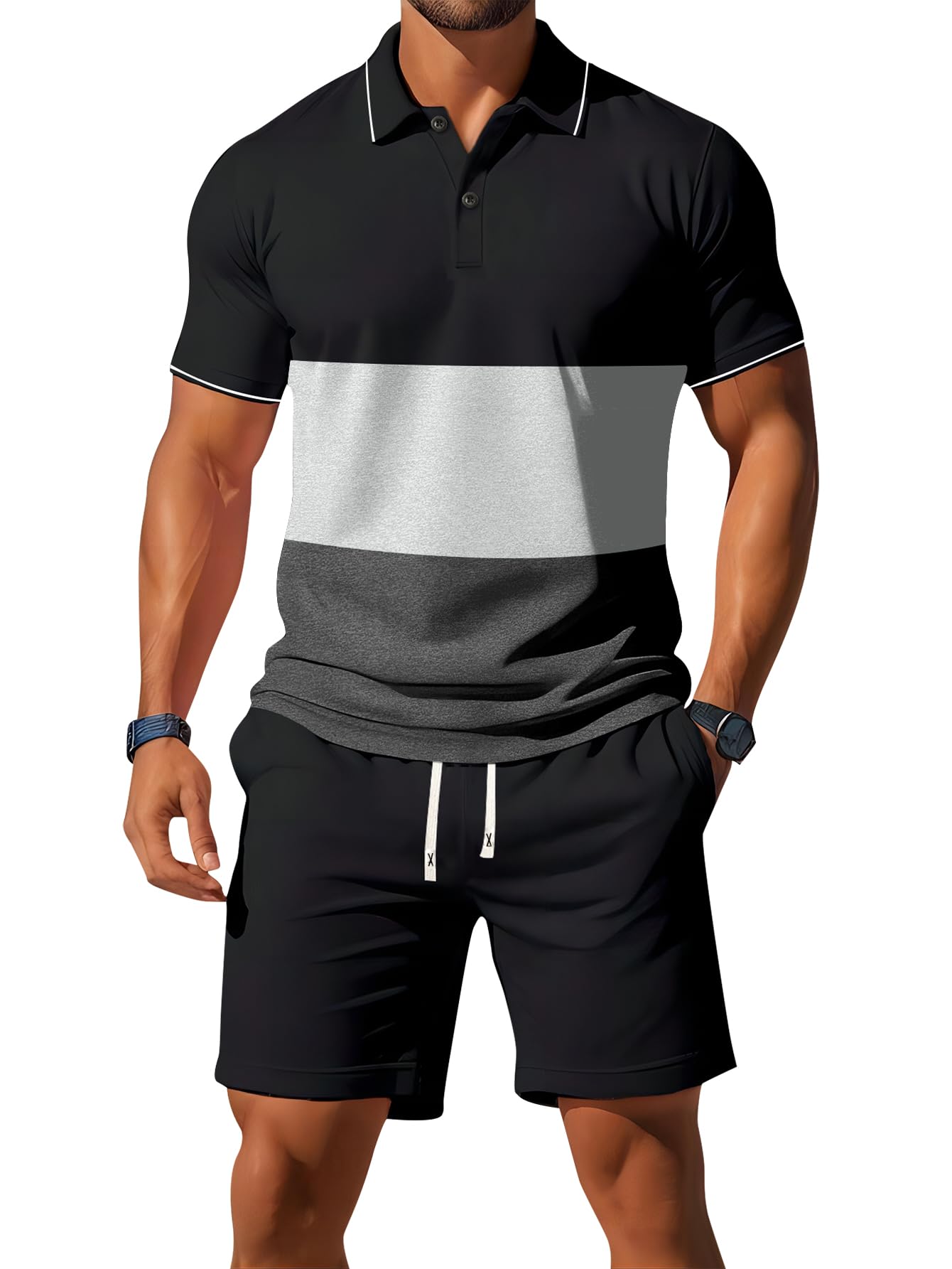 Conjunto de 2 piezas de camisa polo de verano de tres colores para hombre, estilo casual, vacaciones, playa, deportes, atletismo — view 10