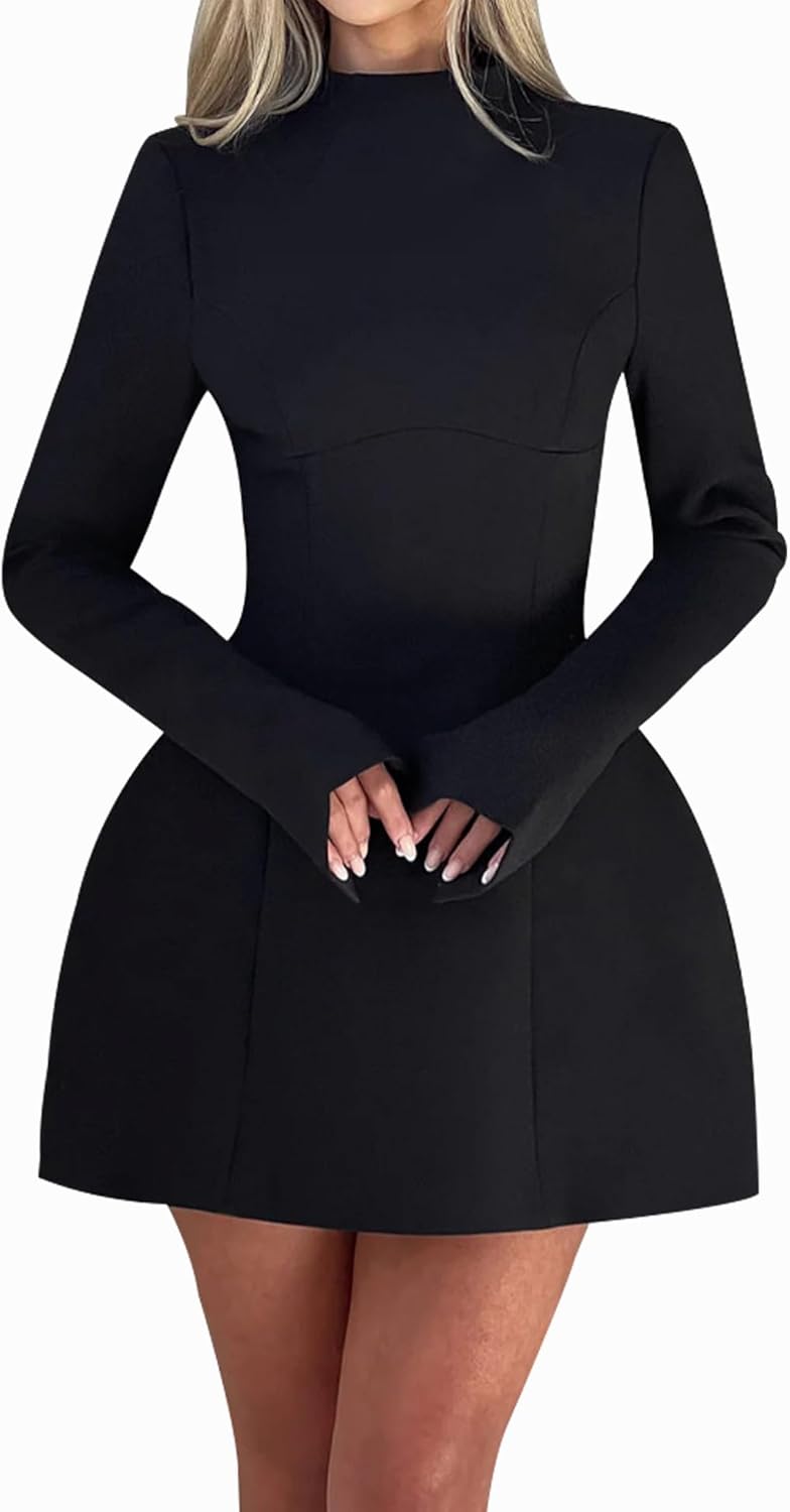 LuFeng Women's Long Sleeve Mock Neck Sexy Bodycon A-line Backless Mini Dress Tank Short Party Dress - Image 2