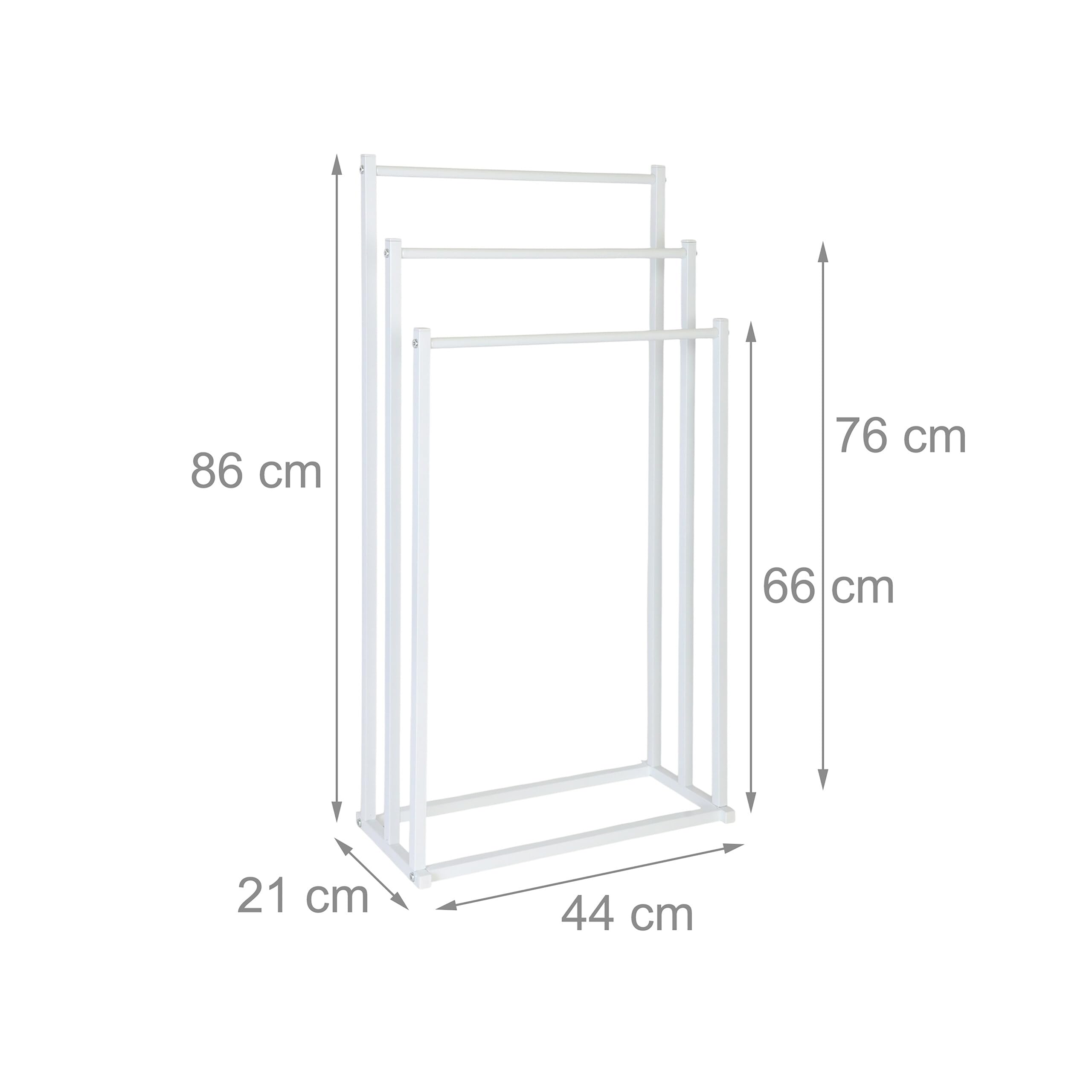 Porte-Serviettes Relaxdays, H x L x P : 86 x 44 x 21 cm, métal, 3 Barres, Salle de Bains, Porte-Serviettes Debout, Blanc
