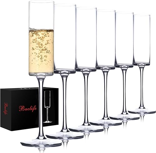 Juego de 6 copas de champán de cristal, copas de champán sopladas a mano con tallo largo, elegantes copas de vino espumoso, regalo único para