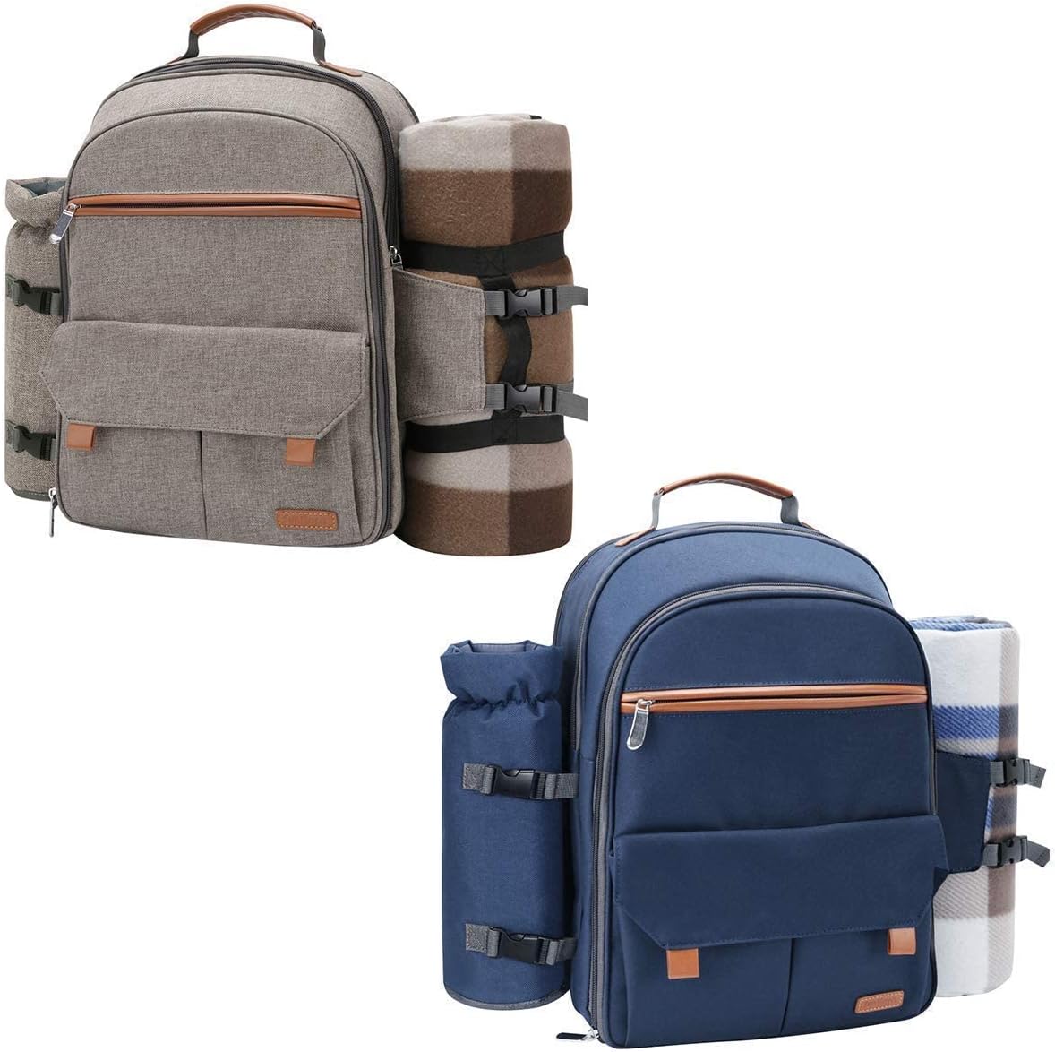 Sunflora Picnic Backpack for 4 Person Set Pack with Insulated Waterproof Pouch for Family Outdoor Camping (Brush Beige + Navy)