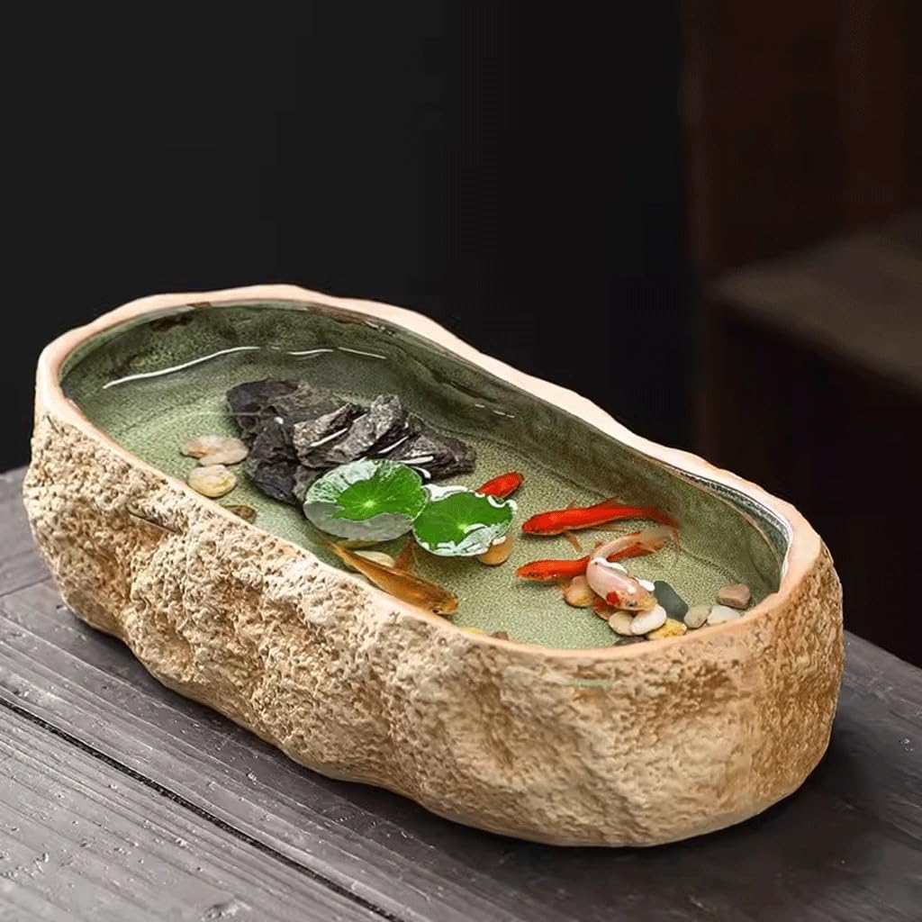 Aquarium Imitation Stone Fish Tank, Sleeping Bowl, Lotus Basin, Small Tank, Balcony Flower Pot, Ceramic Fish Tank, Household Plant Pot Fish Tank Decorations (Color : B)