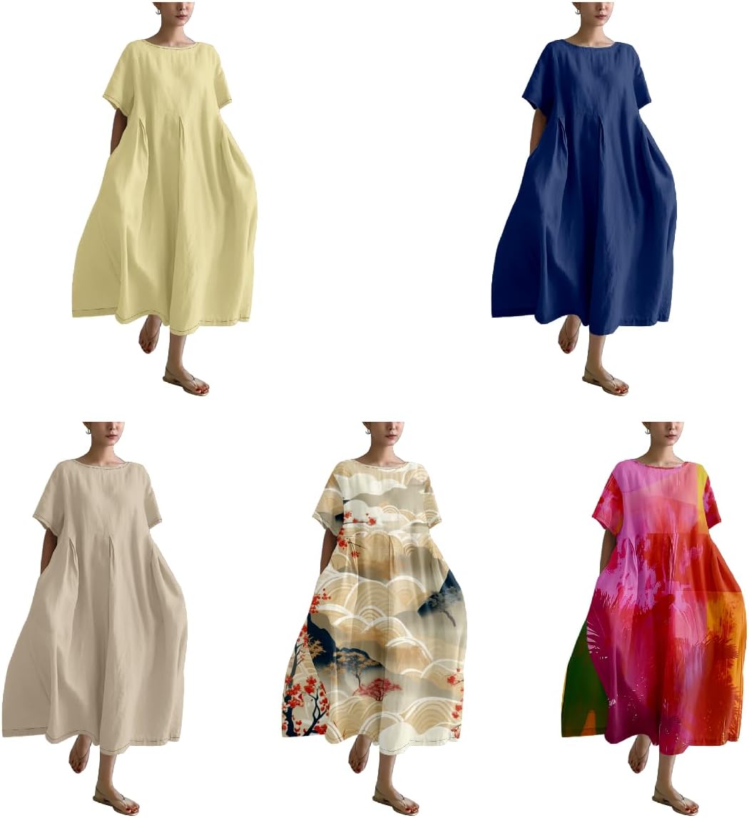 Short Sleeve Maxi Dress Casual Fashion Crew Neck Short Sleeve Ladies Summer Dresses A-line Sundress - Image 5