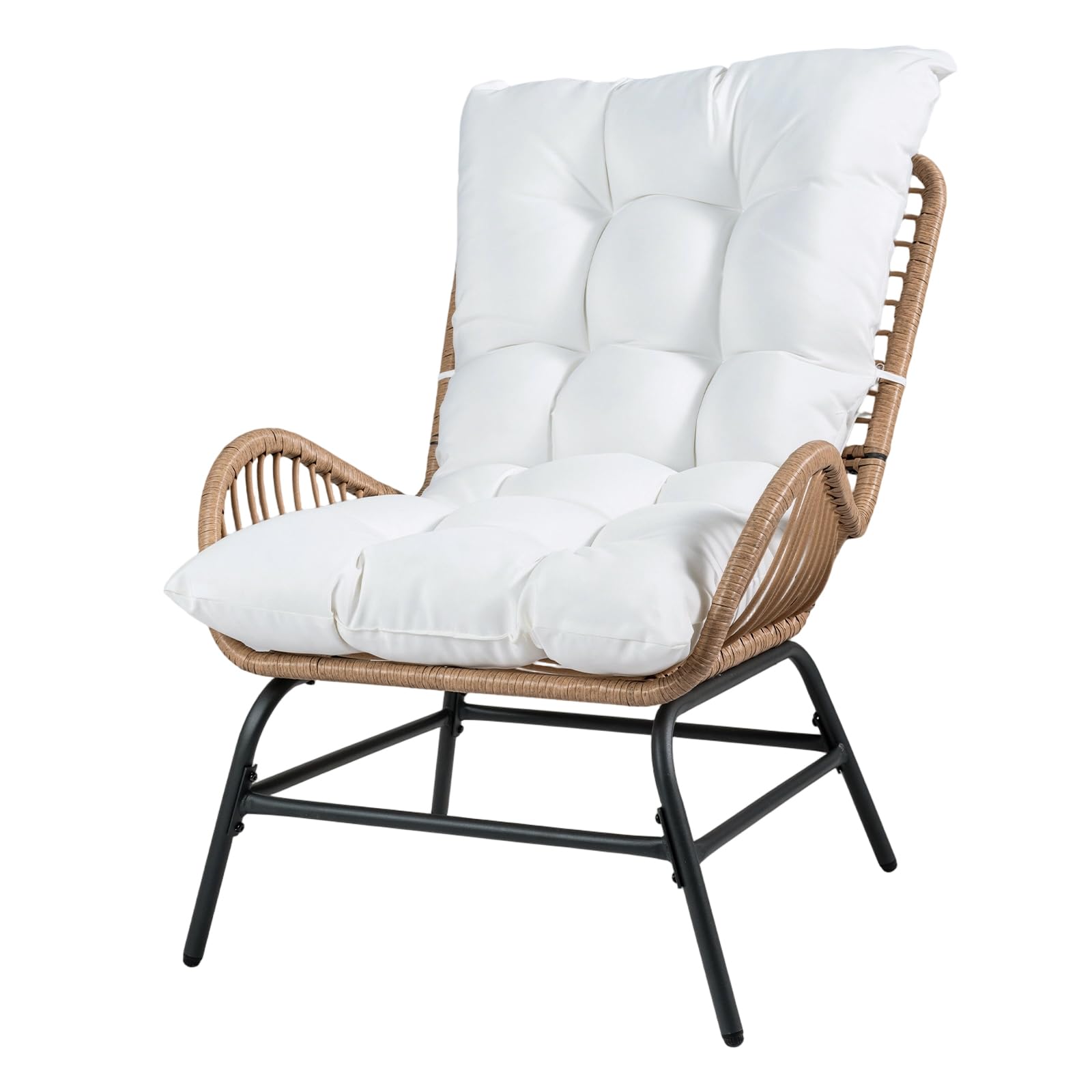 SOARS Fauteuil Salon en Rotin PE, Chaise de Jardin Bohème avec Coussin Rembourré, Dossier Incliné, Accoudoirs Courbes&Cadre Métal, Chauffeuse 1 Place Extérieur Terrasse&Balcon, Charge 150KG (Blanc)