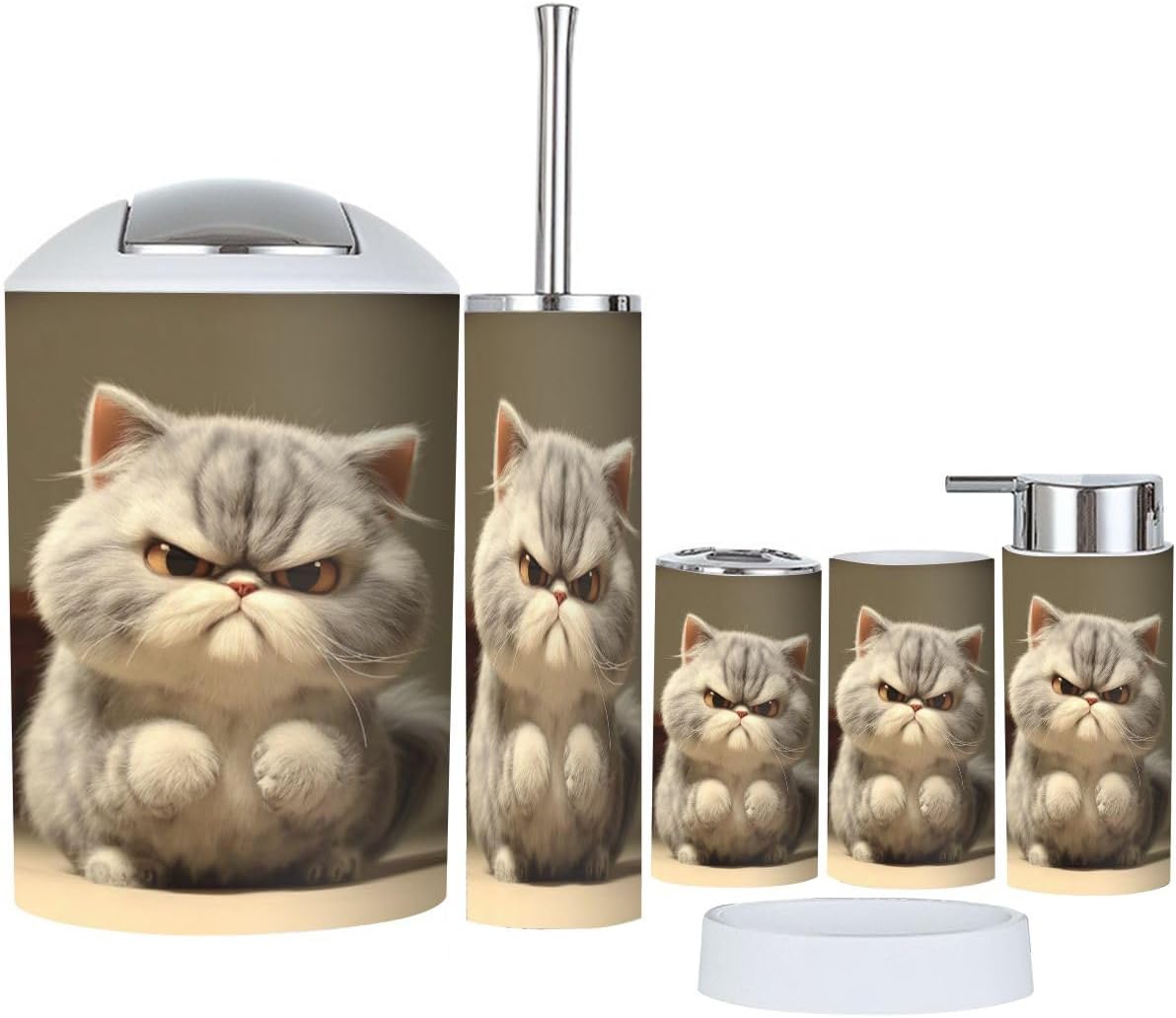 Bathroom Accessory Set 6 Piece Boho Cute Fluffy Gray Cat Angry Expression Cartoon Style Trash Can, Toothbrush Holder, Soap Dispenser, Soap Dish, Toothbrush Cup, Toilet Brush Holder