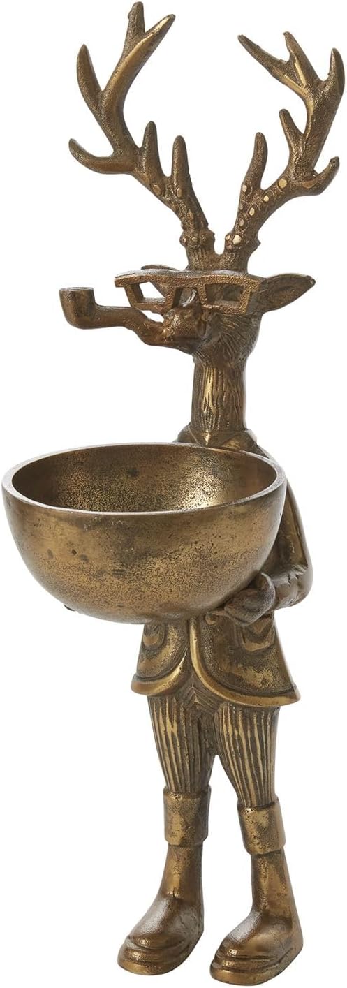 Accent Decor E+E Collection Frankie 16" Standing Deer Figurine with Bowl, Antique Gold Finish