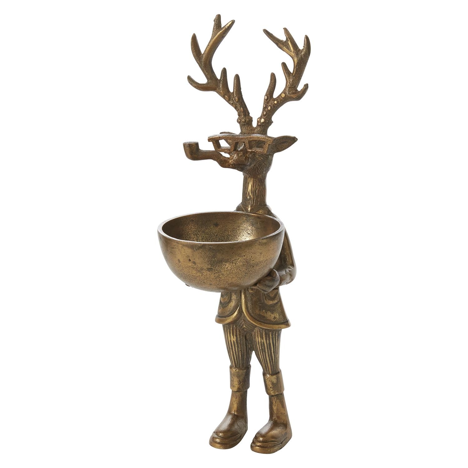 E+E Collection Frankie 16" Standing Deer Figurine with Bowl, Antique Gold Finish