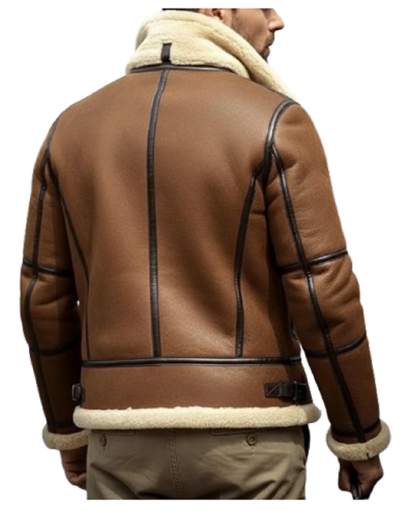 Chaqueta bomber de aviador de cuero marrón para hombre con piel sintética de oveja color crema