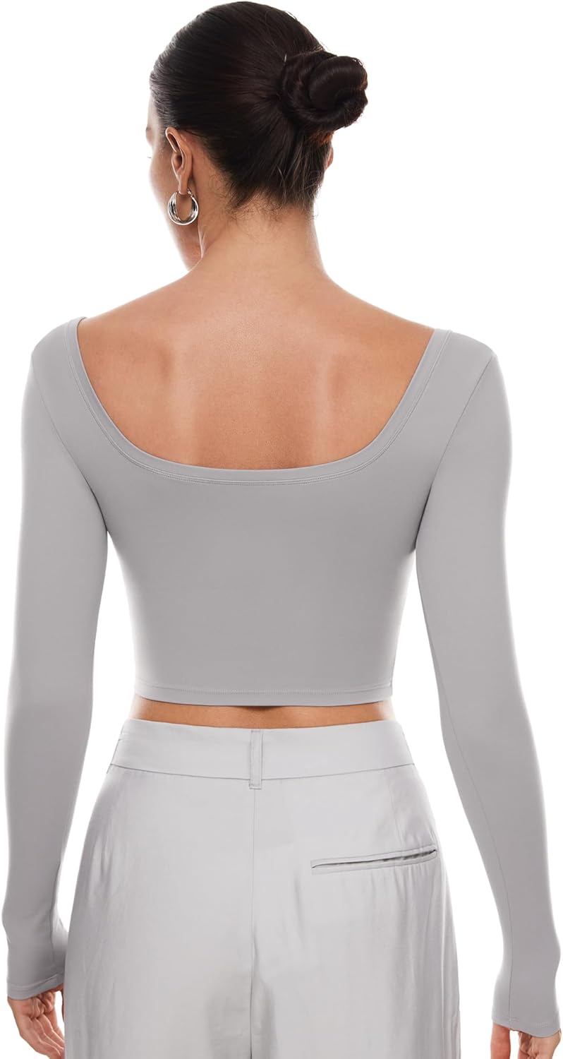 INLYRIC Women's Natrelax Square Neck Long Sleeve Crop Top Sexy Slim Fitted Basic Stretchy T Shirts Tops - Image 5