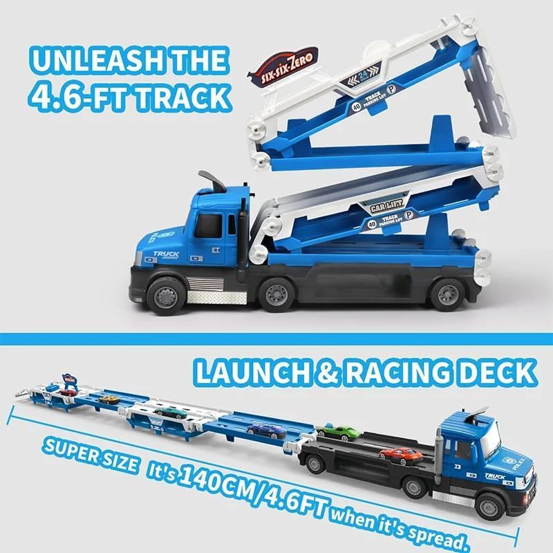 Image of Big Hauler Storage & Deform Truck Toy with 55 inch 2 Ejection Race Track & 6 Cars- Catapult Truck with LED Light & Music for Kids (Blue & Grey)