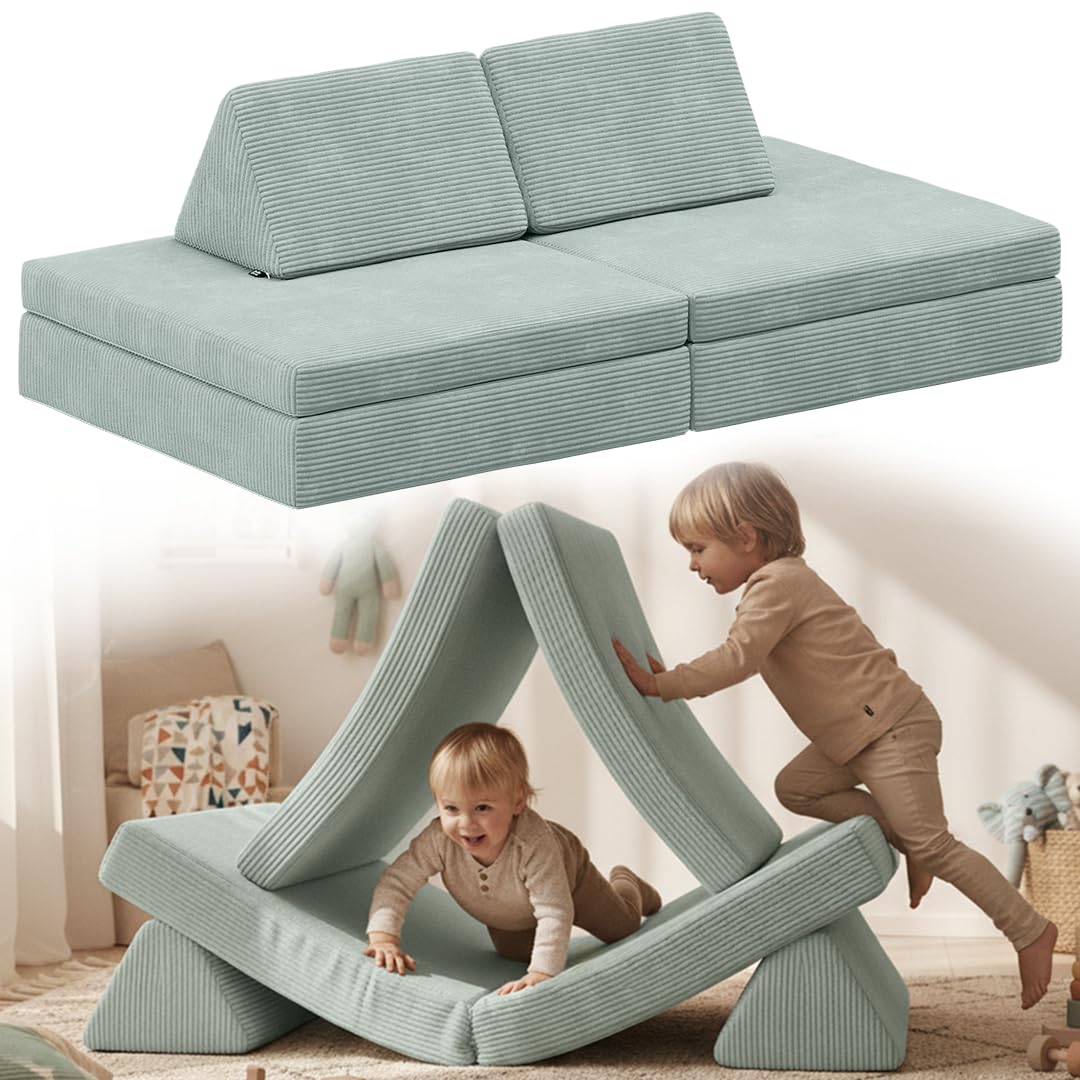 Bellabino Nile Spielsofa Maxi 4-TLG. für Kinder – Kindersofa Cord in Türkis – Spielesofa Schaumstoff Bausteine – modulare Kindercouch ausklappbar mit waschbarem Bezug – Sofa Kinderzimmer Kuschelecke