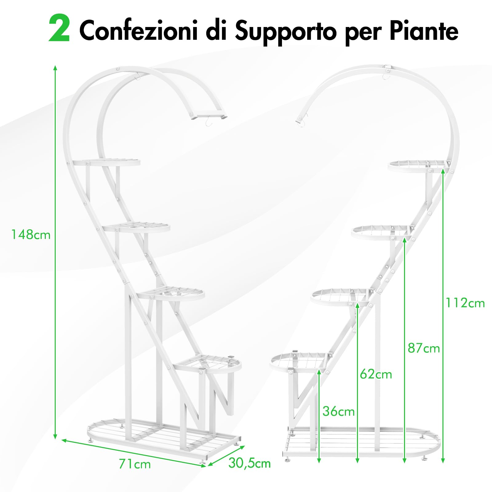 RELAX4LIFE Porta Piante a 5 Livelli, Scaffale per Piante in Metallo, Forma di Cuore, Supporto per Piante con 4 Ganci, Porta Vasi per Soggiorno e Camera da Letto (2, Bianco, Cuore)