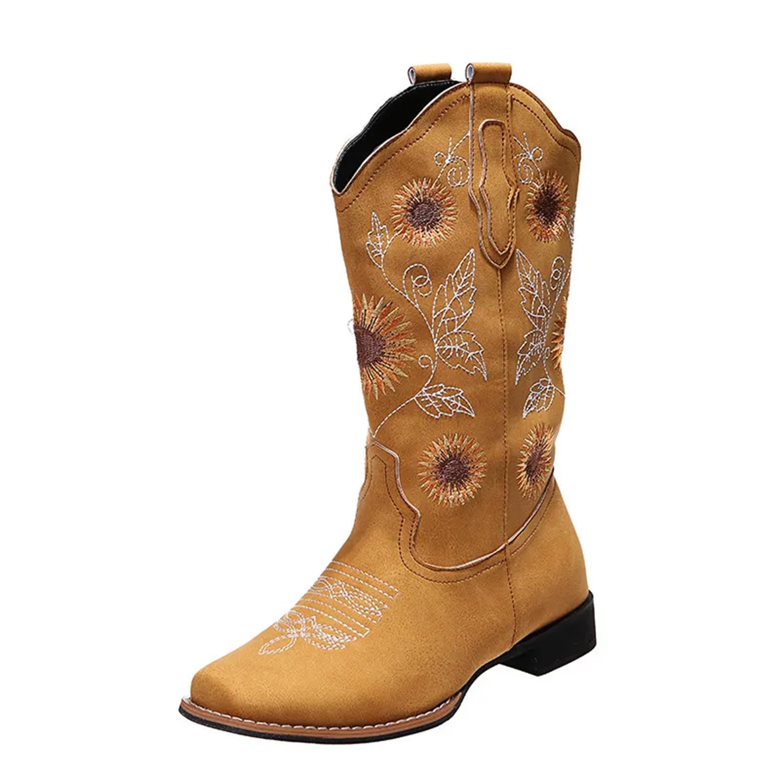 Lmtossey Donne Fiore Ricamo Scarpe Slip-On Stivali da Equitazione Lady Square Heel Mid-Polpaccio Boot Femminile Inverno Sottile Peluche Scarpa, Giallo, 40.5 EU