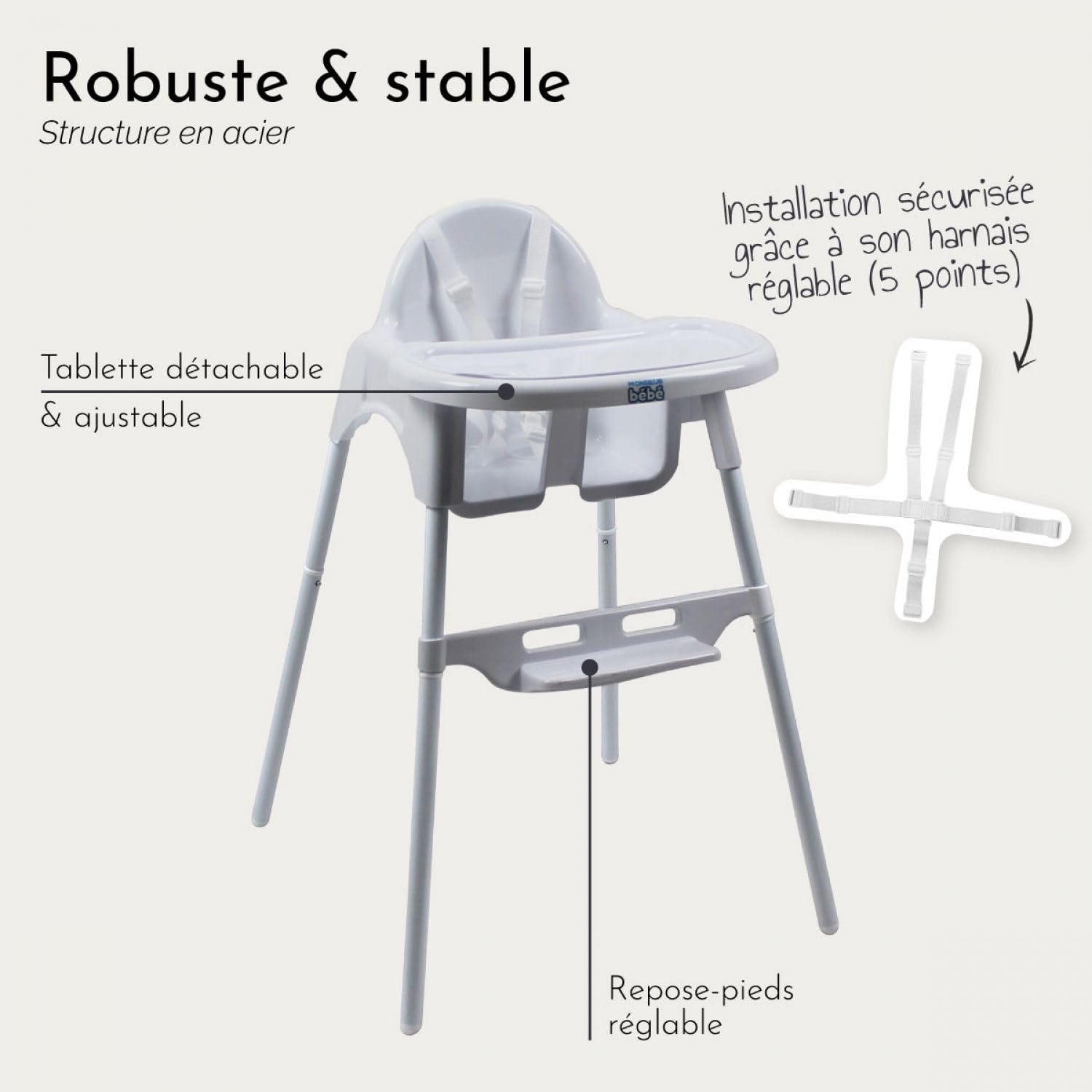 Monsieur Bébé - Chaise haute enfant, réglable hauteur et tablette - Plusieurs coloris
