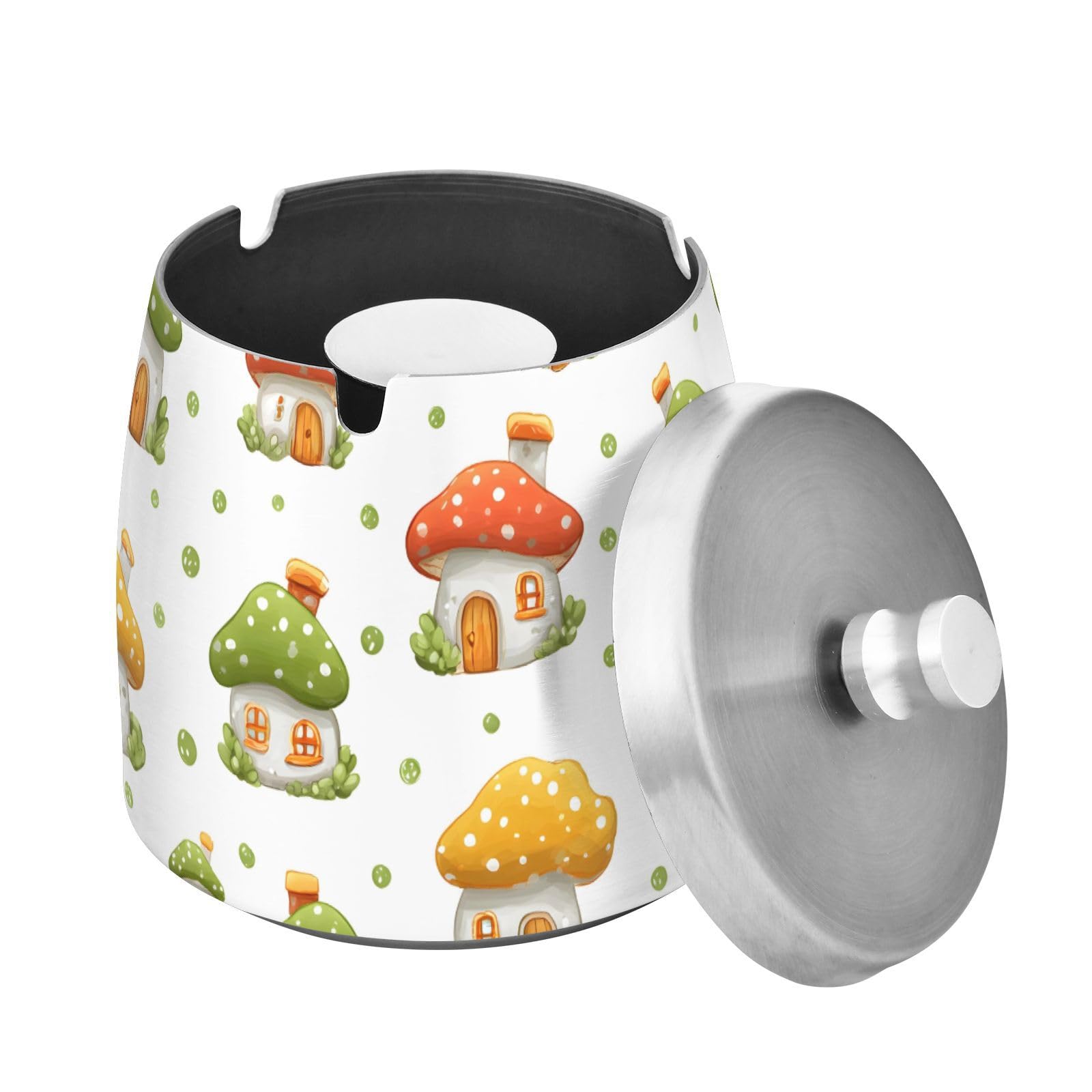 Mushroom House Polka Dots Splash Ashtray with Lid by ALAZA – Stainless Steel, C433, Model g541177141p1082c1149s2657