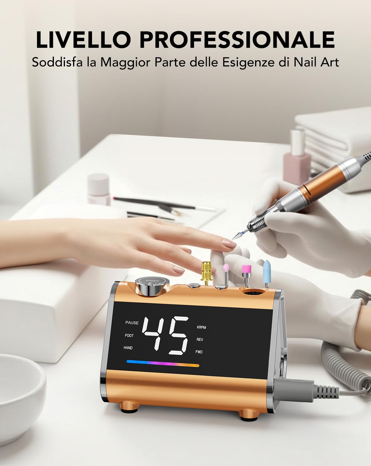 HOMEASY Fresa per Unghie Professionale 45000 Giri, Fresa Elettrica per Manicure e Pedicure con Schermo LCD HD e Pedale, Basso Rumore e Vibrazioni, Set con 10 Punte e 75 Cilindri Abrasivi