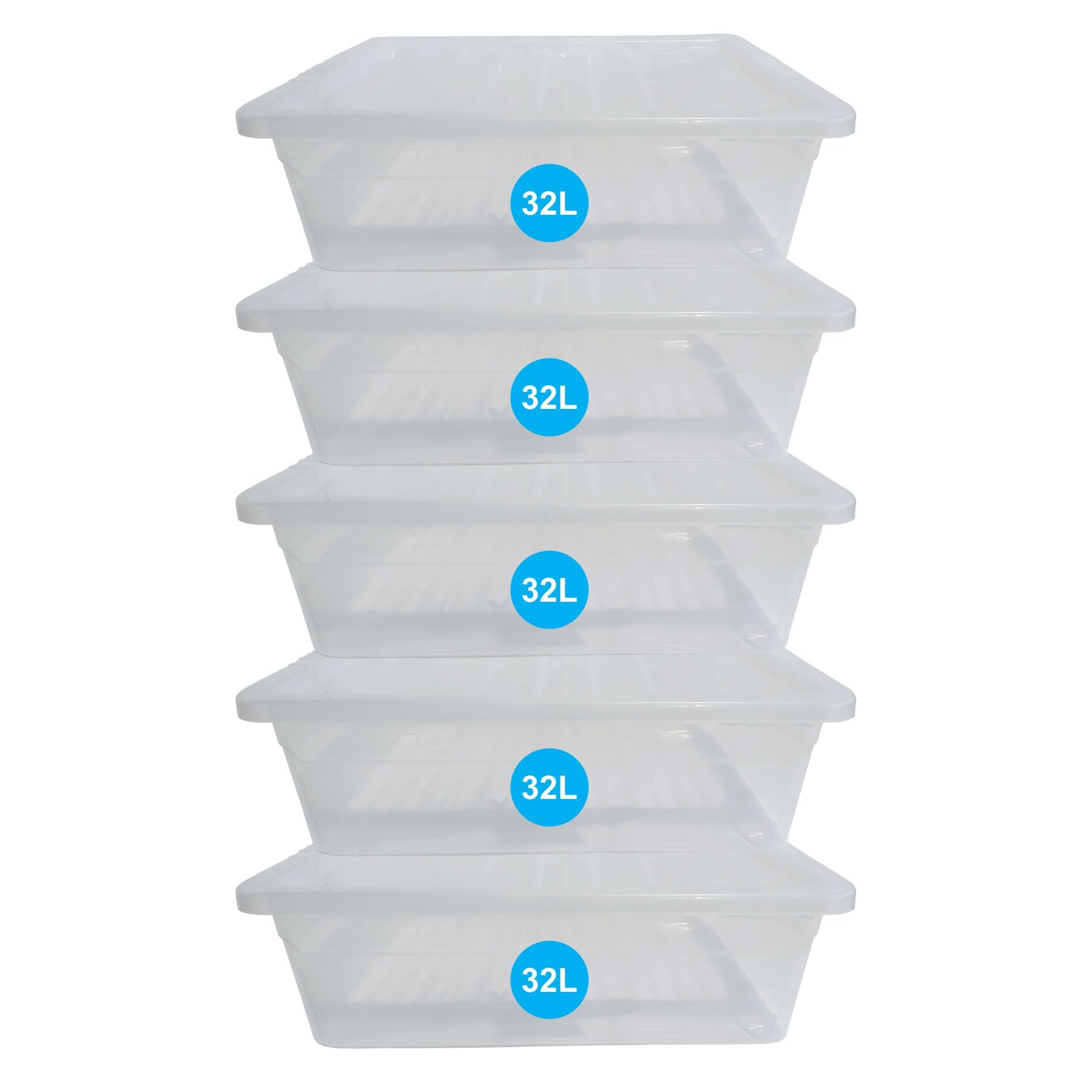 RelianceUK Plastic Storage Boxes with Clear Lids (32 Litre(Underbed) / 5 Pack) - Nestable, Stackable, Durable and Under Bed Clear Containers for Home Office and Kitchen - Made in U.K.