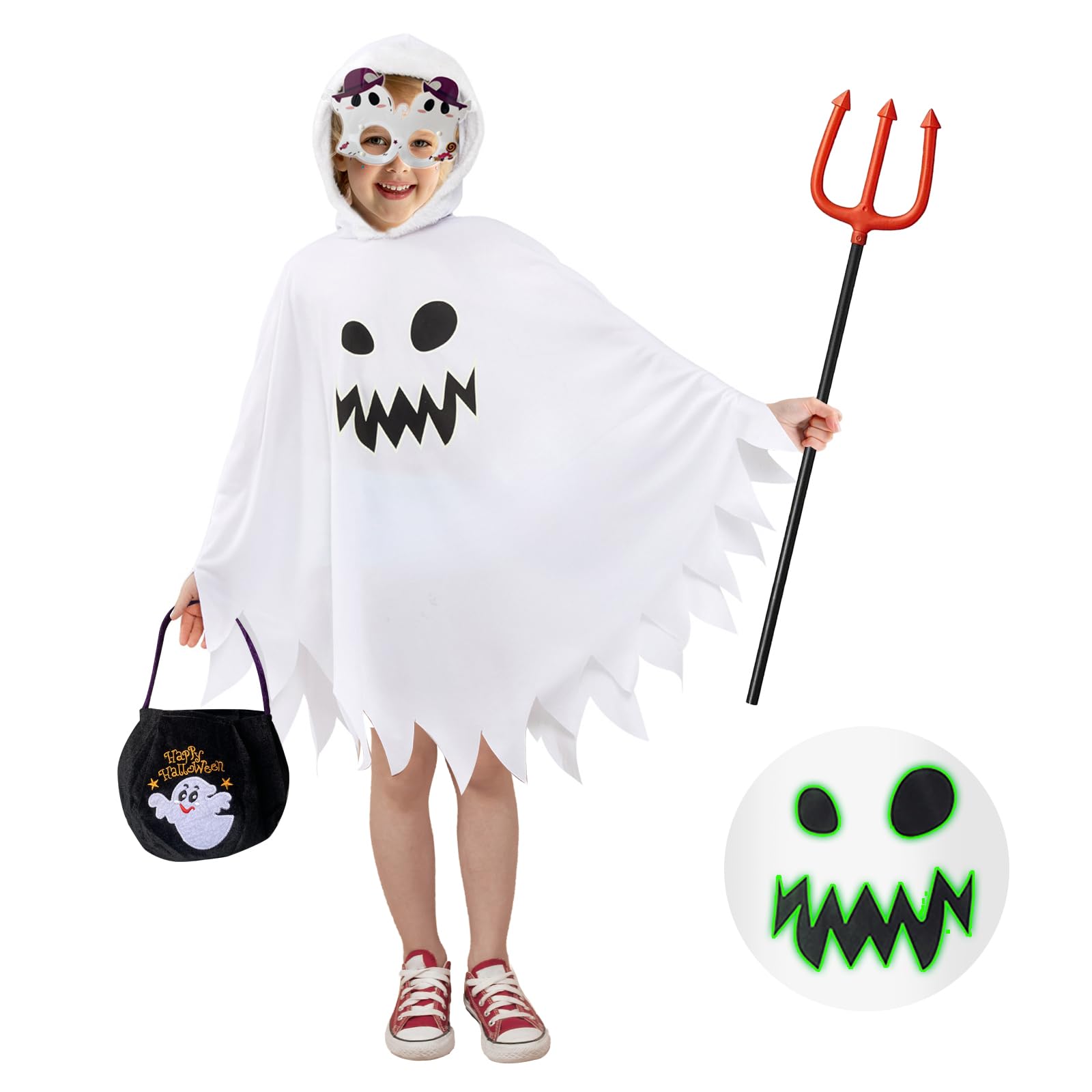 Lets Joy Déguisement Fantôme Halloween Enfant, Cape De Fantôme D'Halloween Pour Enfant, Halloween Costume De Fantôme, Cape Fantôme Blanc Avec Seau De