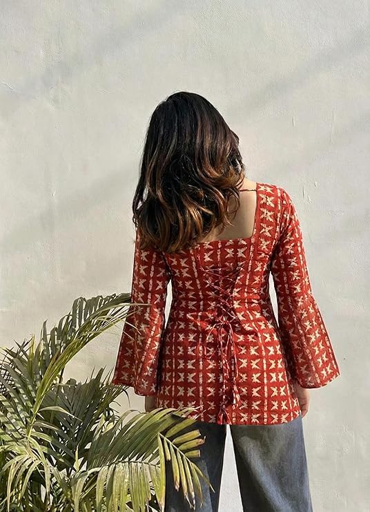 Image of ANNI Designer Women's Viscose Blend Printed Short Kurti | Straight Fit Casual Ethnic Top | Square Neck 3 /4 Sleeve Kurta Office College
