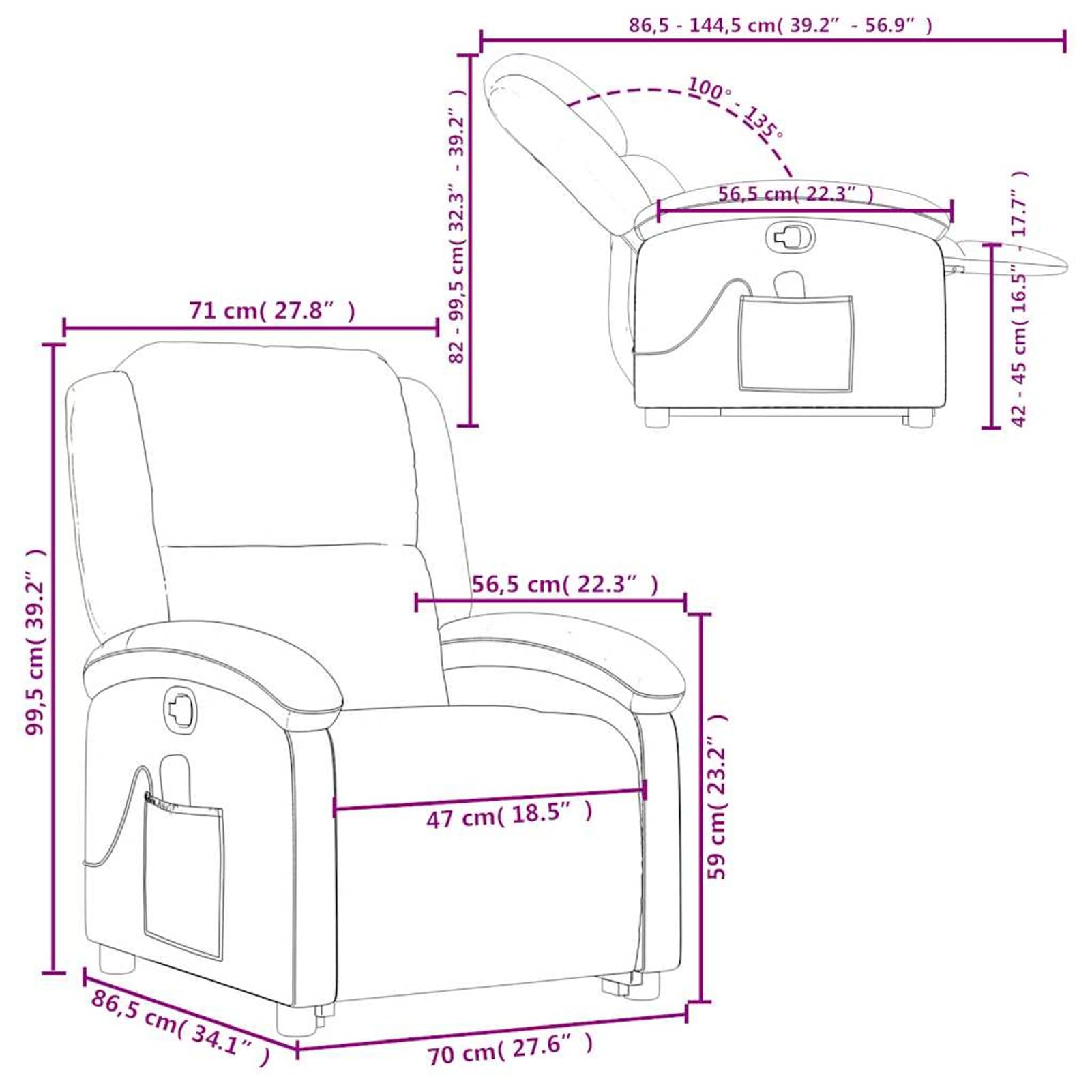 Sillón de masaje con ayuda eléctrica para levantarse | Masaje vibratorio 100% piel de vacuno, negro, 71 x 144,5 x 82 cm (posición tumbada), para personas mayores