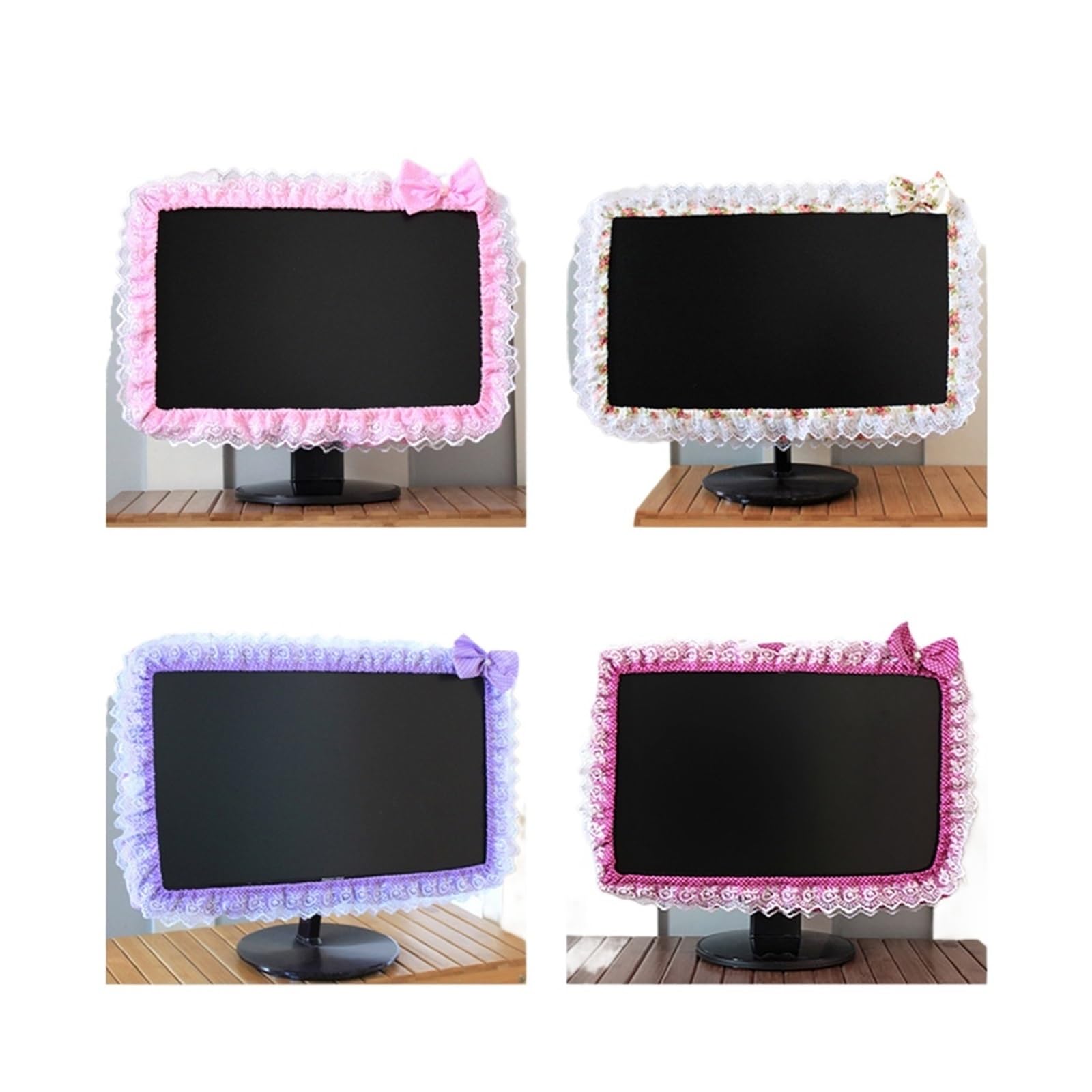 Qvorlth Violet Monitor Cover 4 Pcs Lace Fabric Computer Frame Cover Monitor Screen Dust With Elastic Pen Pocket Bow Home Decorations(Violet)