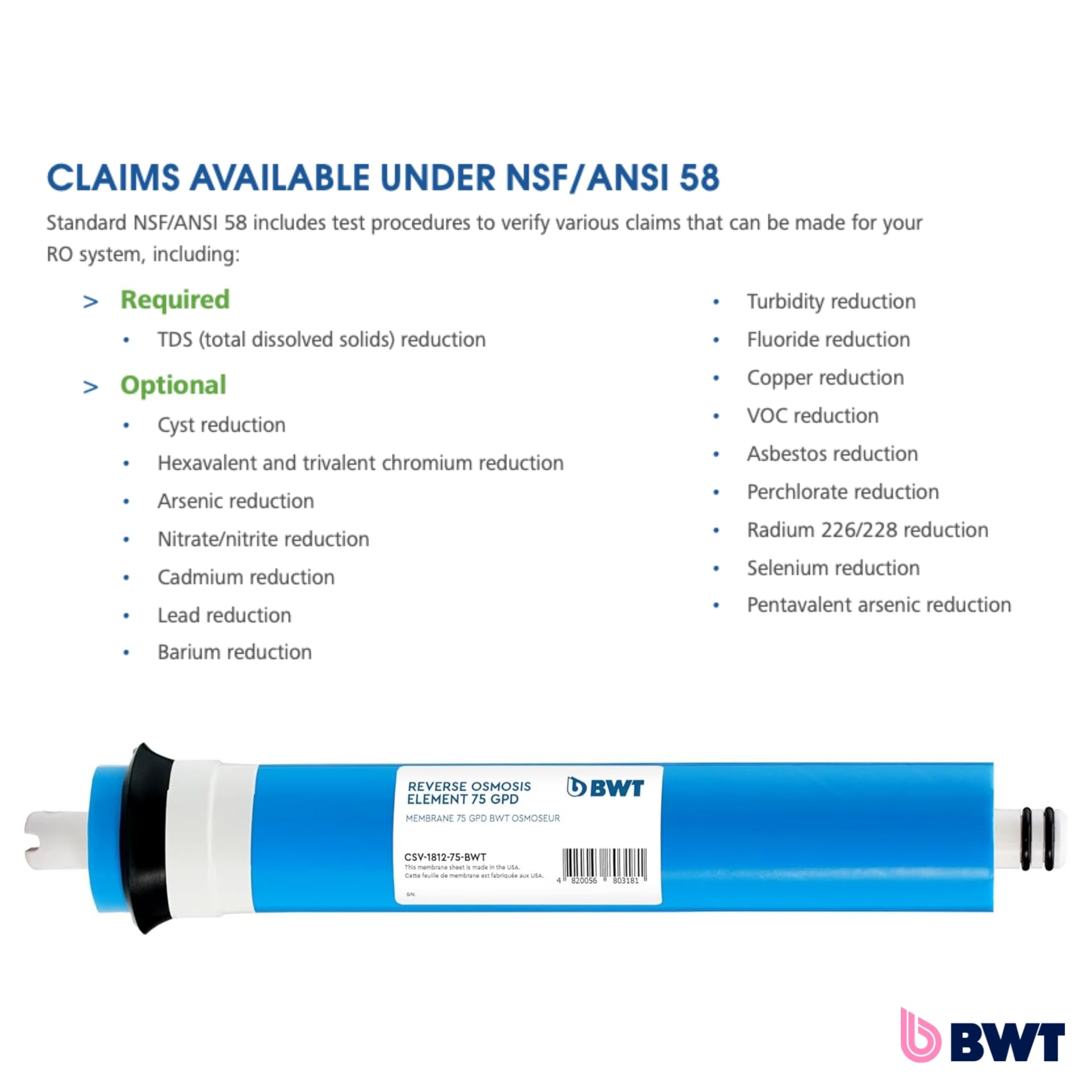 BWT Membrane à osmose inverse, BWT, 75 GPD, Universelle compatible, Élimine 98 purcent des contaminants