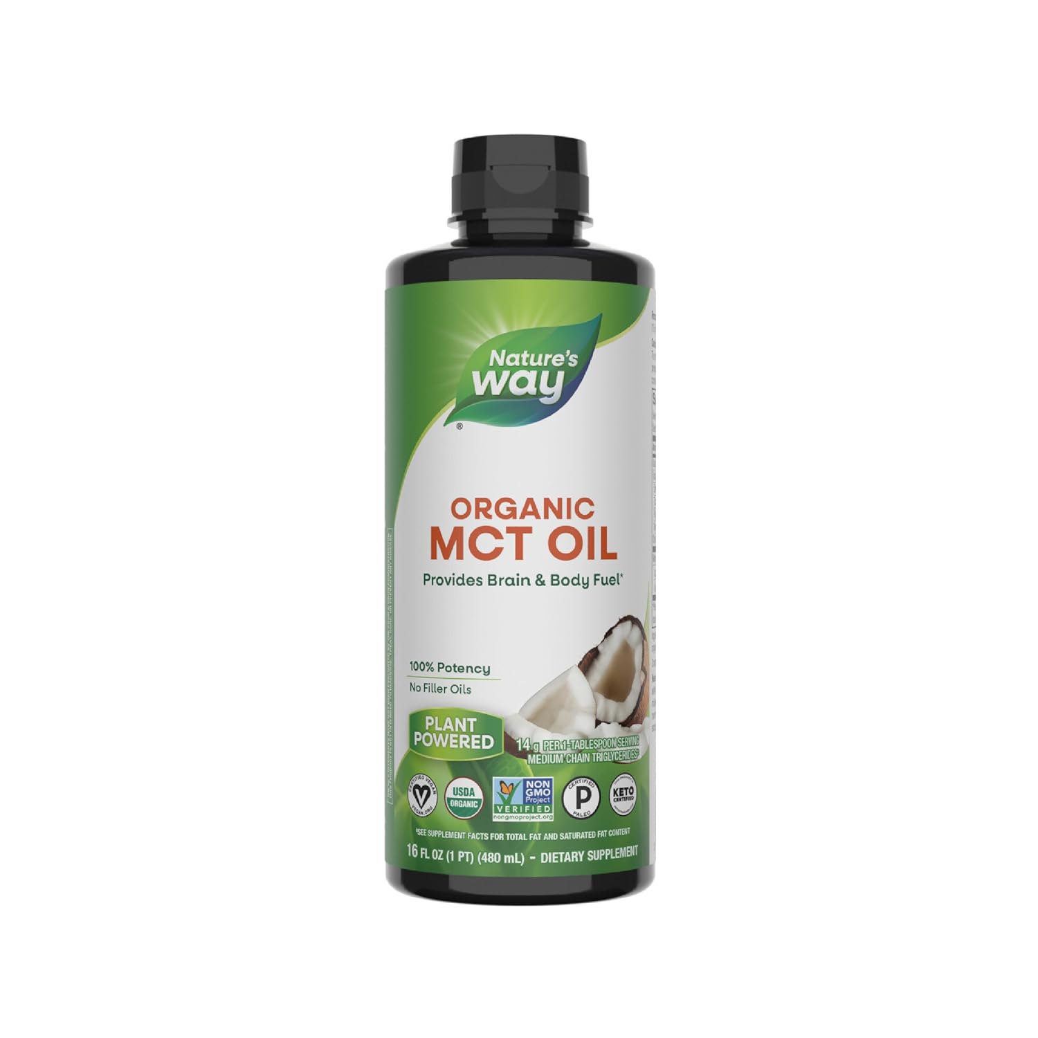 Natures Way Organic MCT Oil 16 Fl Oz Brain and Body Fuel from Coconuts C8 Caprylic Acid and