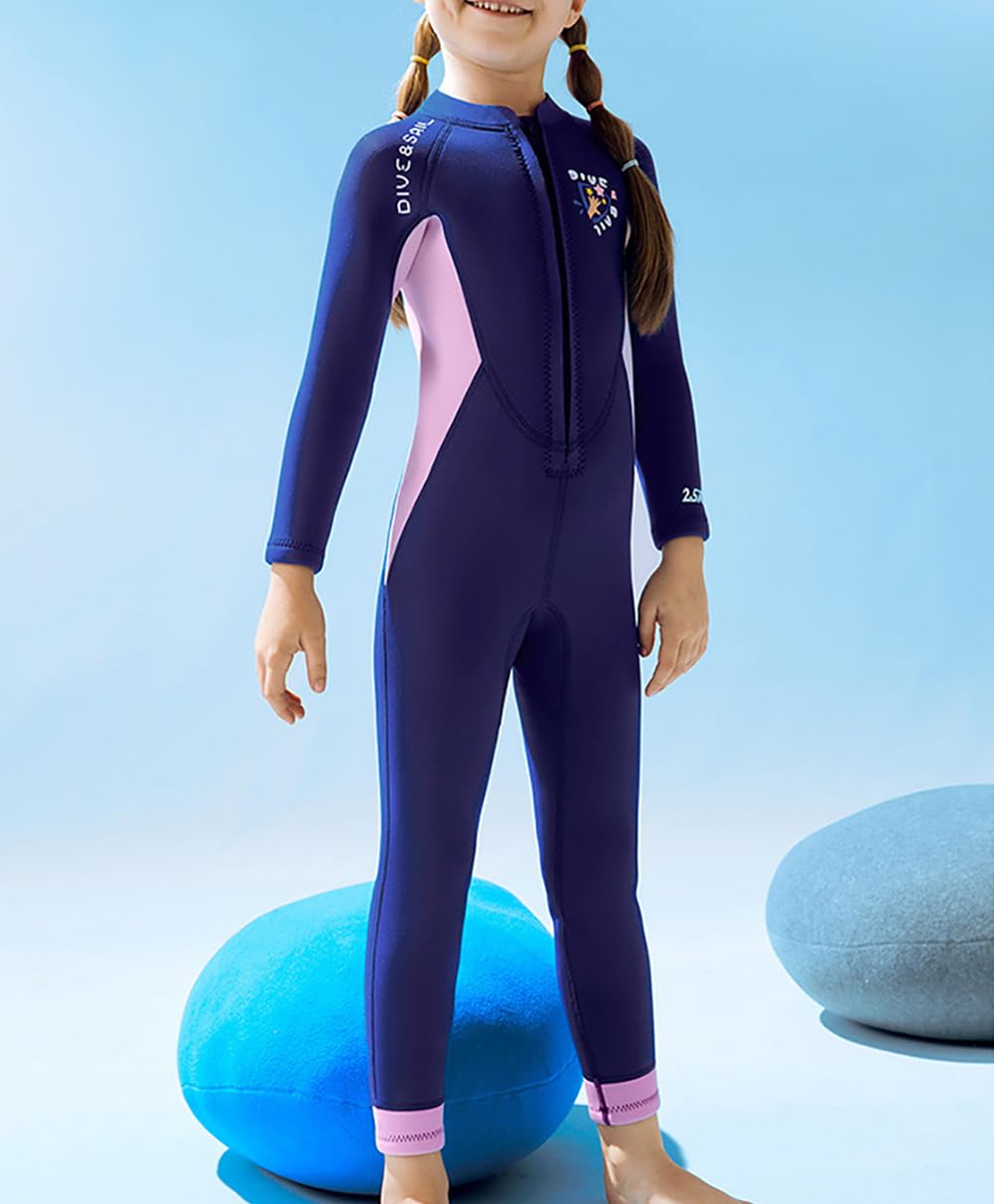 Traje de Neopreno para Niñas, Trajes de Neopreno de 2,5mm para Niños, Cremallera Frontal y Mangas Largas para el Calor en Agua Fría al Nadar, Bucear, Surfear y Hacer Snorkel