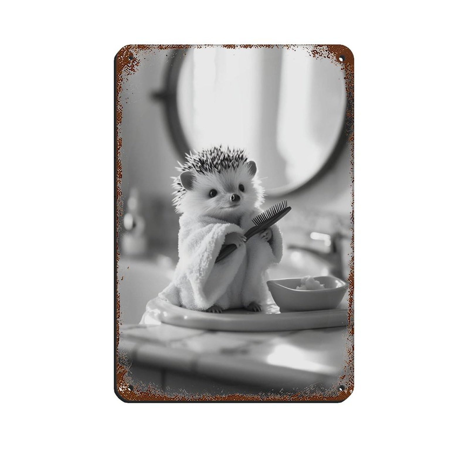 Lxwnze 20L X 30W Cm Cute Hedgehog Brushing Hair Tin Sign Vintage Metal Pub Club Cafe Bar Home Wall Art Decoration Poster Retro 8X12inch(20X30cm)