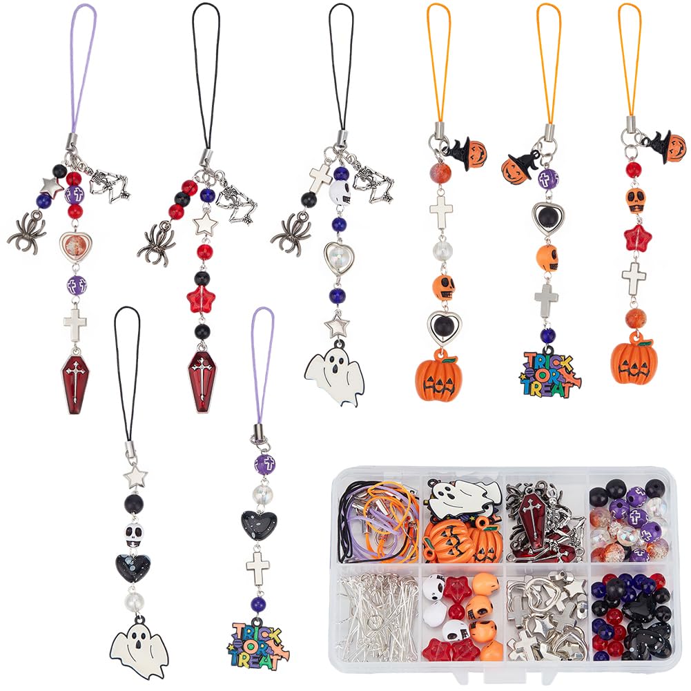 SUNNYCLUE 164Pcs DIY 8 Sets Phone Charm Kit Halloween Gothic Charms Spider Pumpkin Coffin Skull Skeleton Pendants Mobile Phone Straps Black And Red Beads for Cellphone Case Keychains Bag Decoration