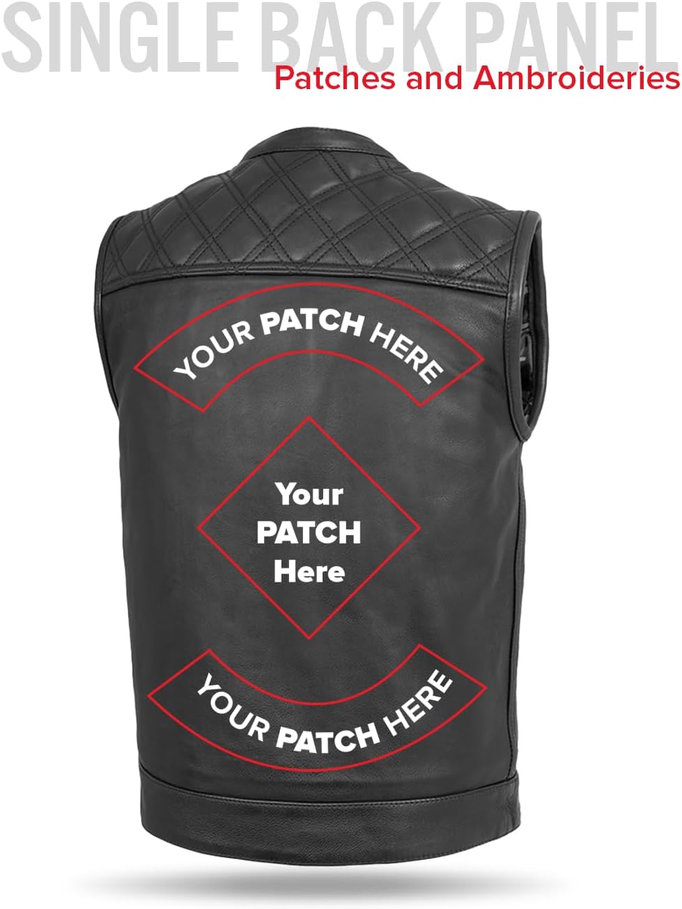 First Mfg Co Signature Men’s Motocycle Club Style Leather Vest Double Diamond Stitching Banded Collar Satin Liner YKK Zippers