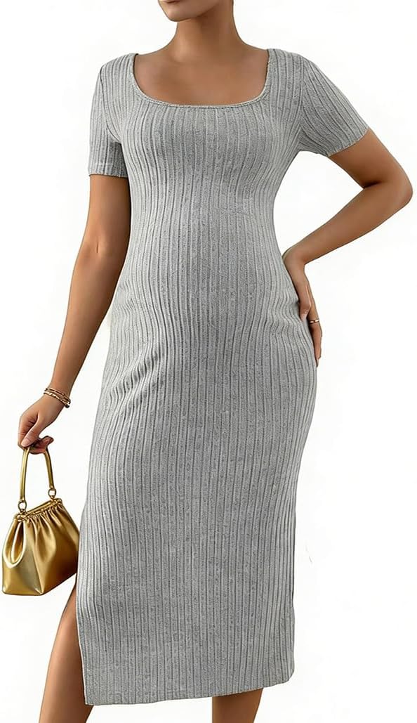 COSYOU Womens Ribbed Knit Dress Soft Short Sleeve Bodycon Midi Dress Side Slit Pregnancy Dresses Maternity Loungewear