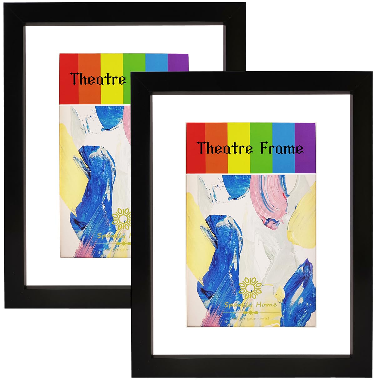 SparklyHome 2 Packs, 8.5x11 Black Theatre Frame with Double White Mats, Real Glass, Theatre Bill Frame, Holds 5.5x8.5-inch Media, 7/8 inch deep moulding, Wall or Tabletop Display